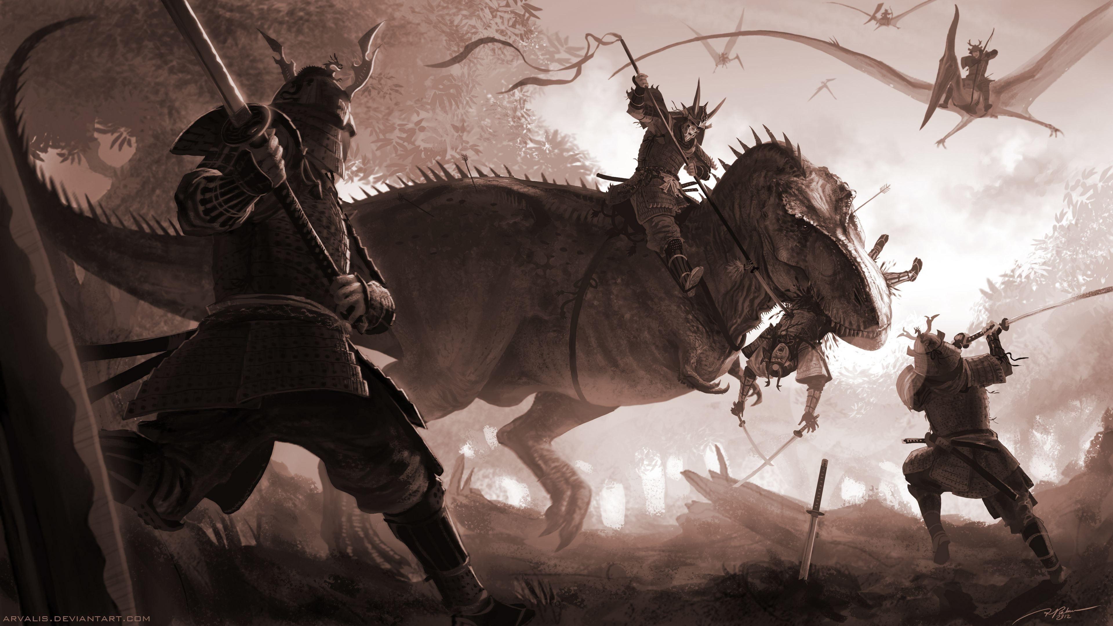 samurai, warrior, fantasy art, dinosaurs wallpaper