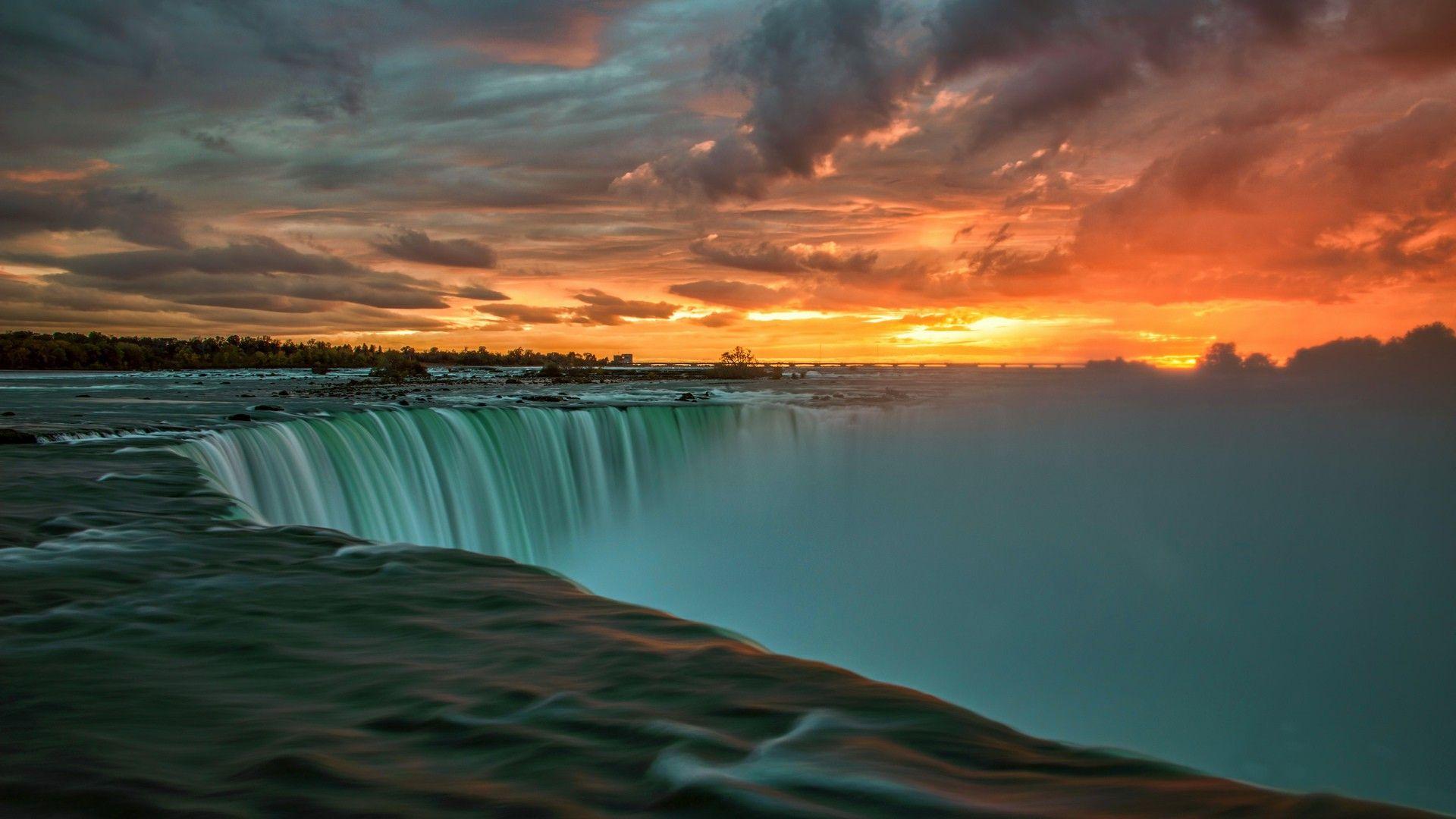 nature, Landscape, Sunset, Clouds, Water, Niagara Falls, Waterfall