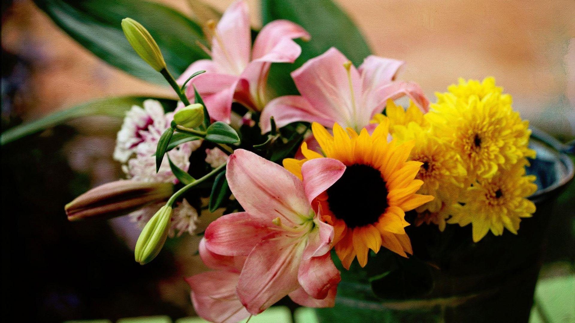 Pretty Lilies Sunflowers Chrysanthemums Flowers Bouquet Bucket HD