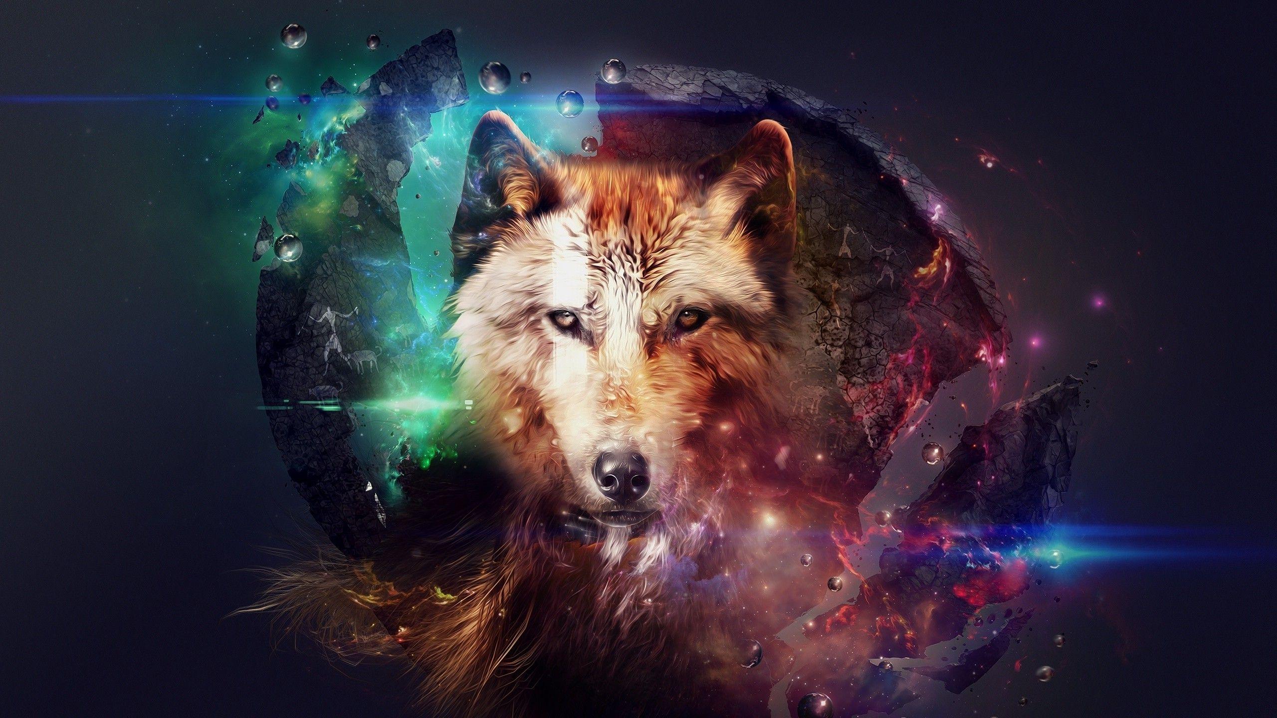artwork, Wolf, Planet, Space, Fire, Stars, Fantasy Art, Science