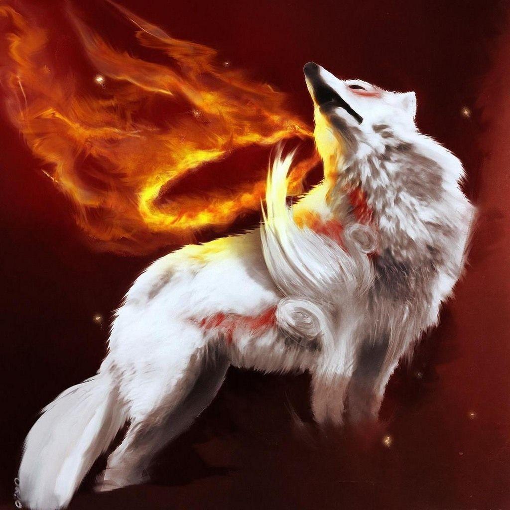 Download Wallpaper 1024x1024 Abstraction, Fire, Wolf, Gray, Light