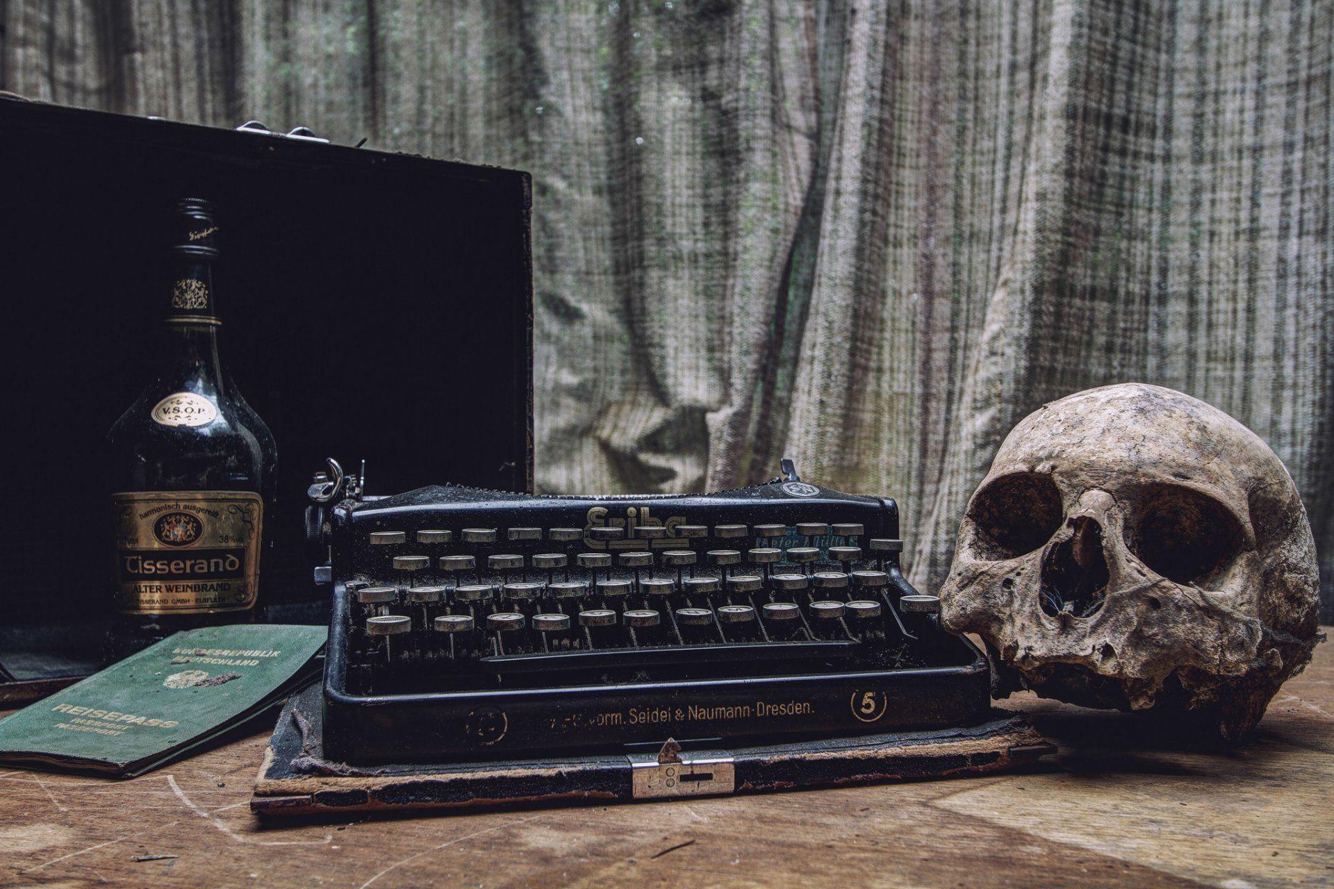 skull typewriter passport a bottle HD wallpaper