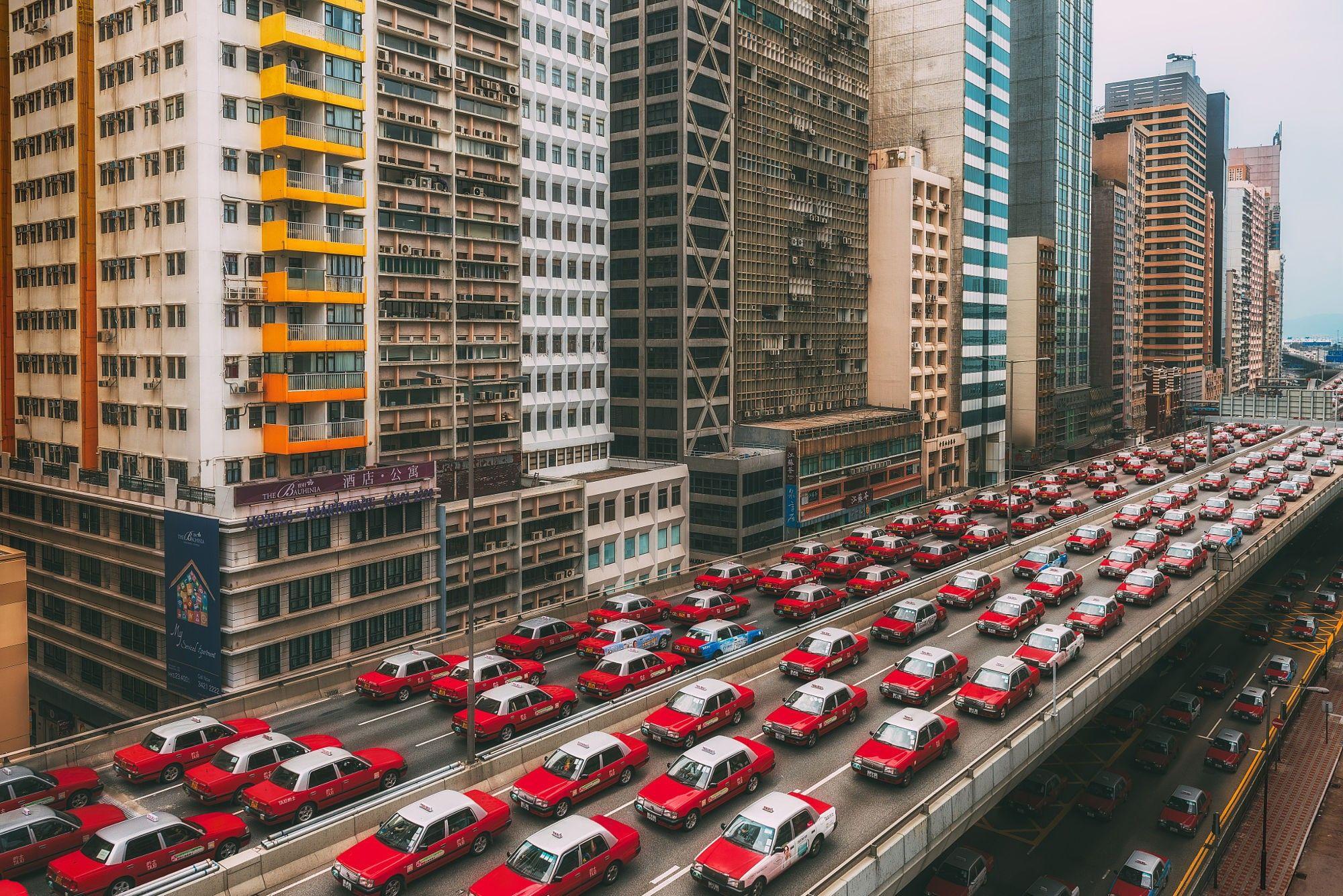 taxi, Hong Kong, City, Cityscape, Vehicle, Red cars, China