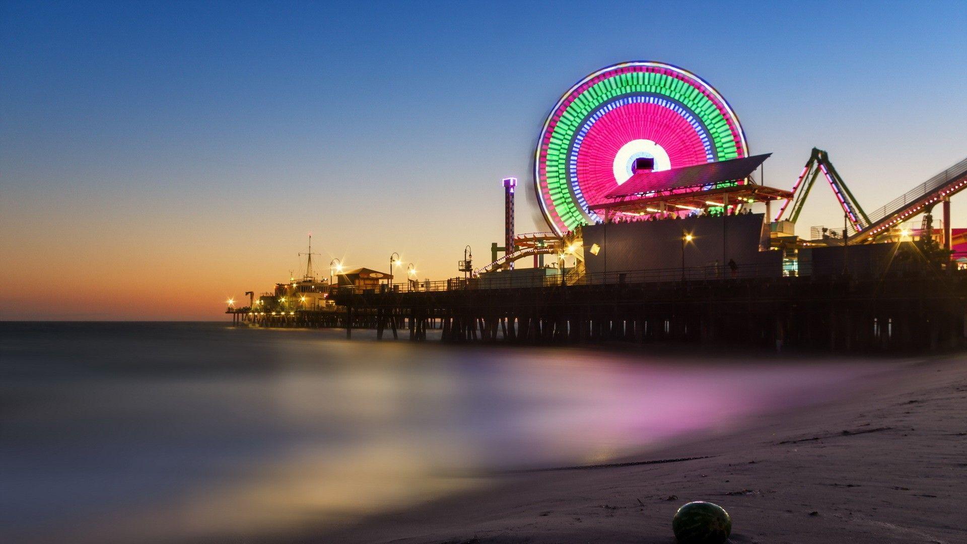 Amusement Parks: Wonderful Santa Monica Pier Twilight California Sea