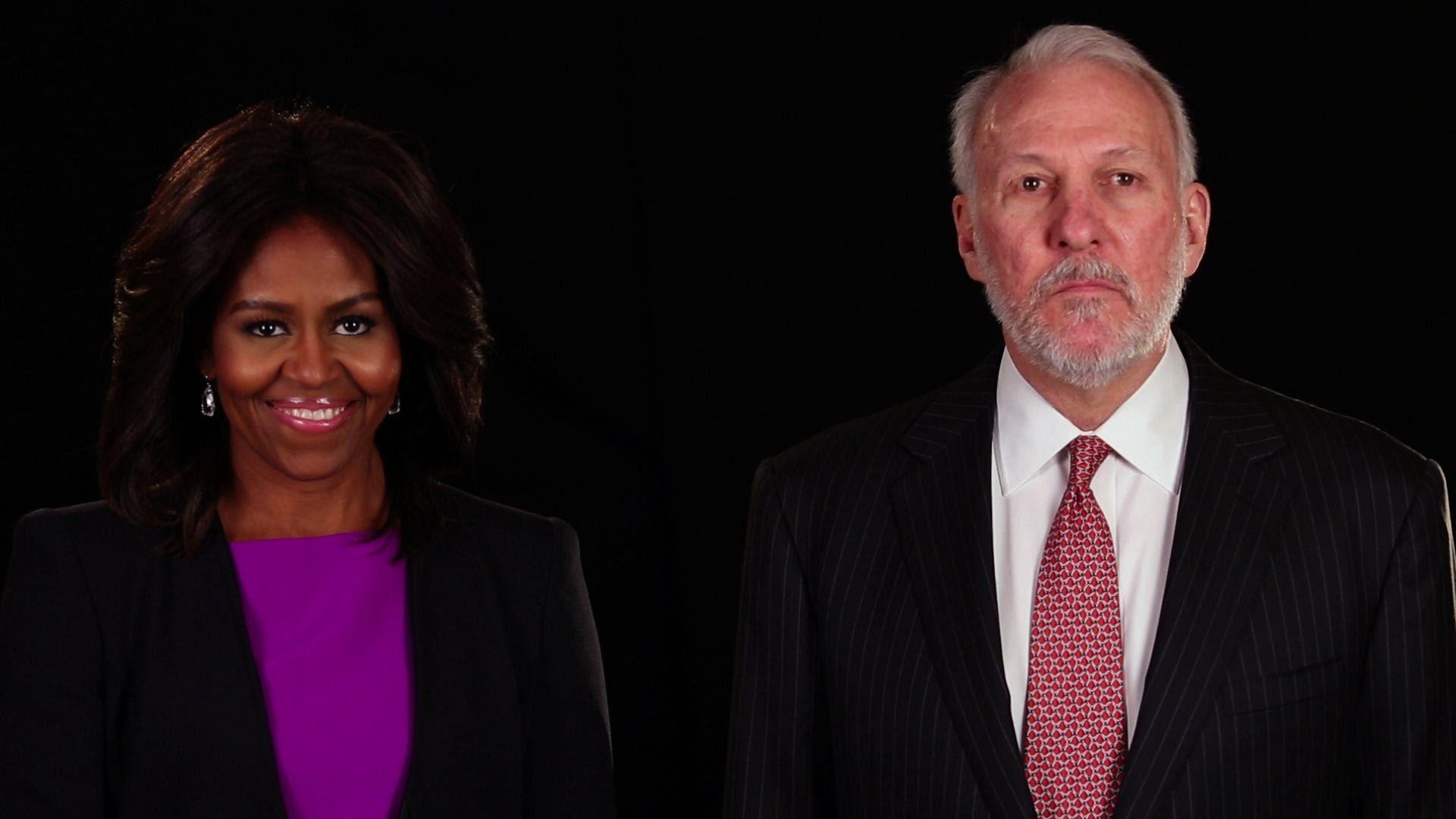 First Lady Michelle Obama & Coach Gregg Popovich of the Spurs Team