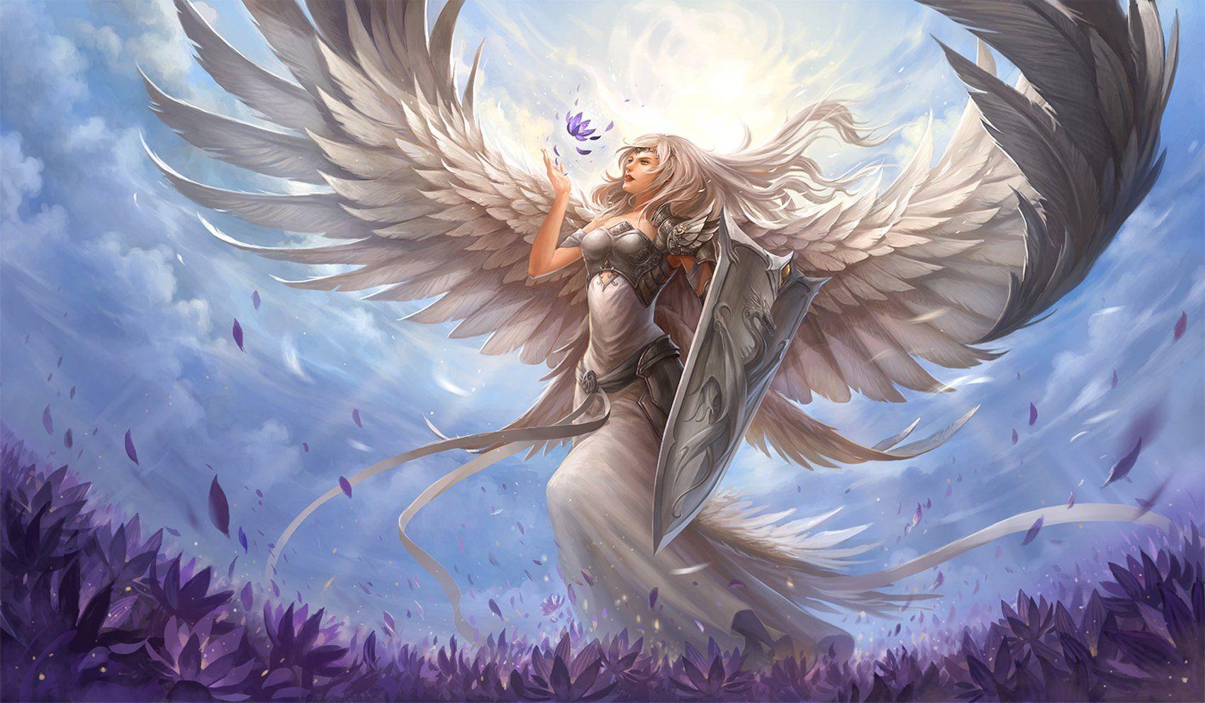 Fantasy angel warrior sword flower blue sky dragon designe