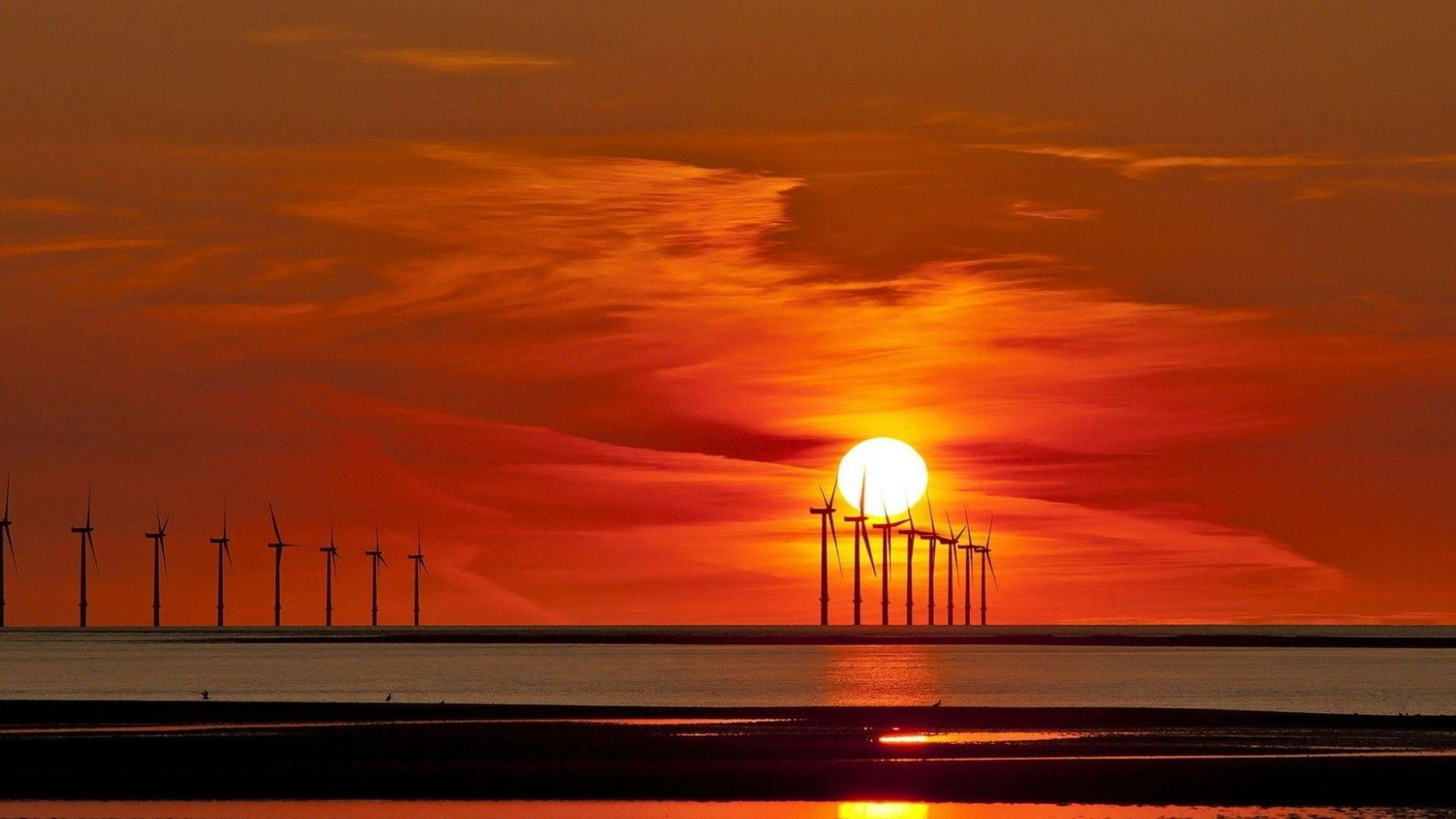 Sunset Windmills Shore Sea Turbines Row Turbine Windmill Man