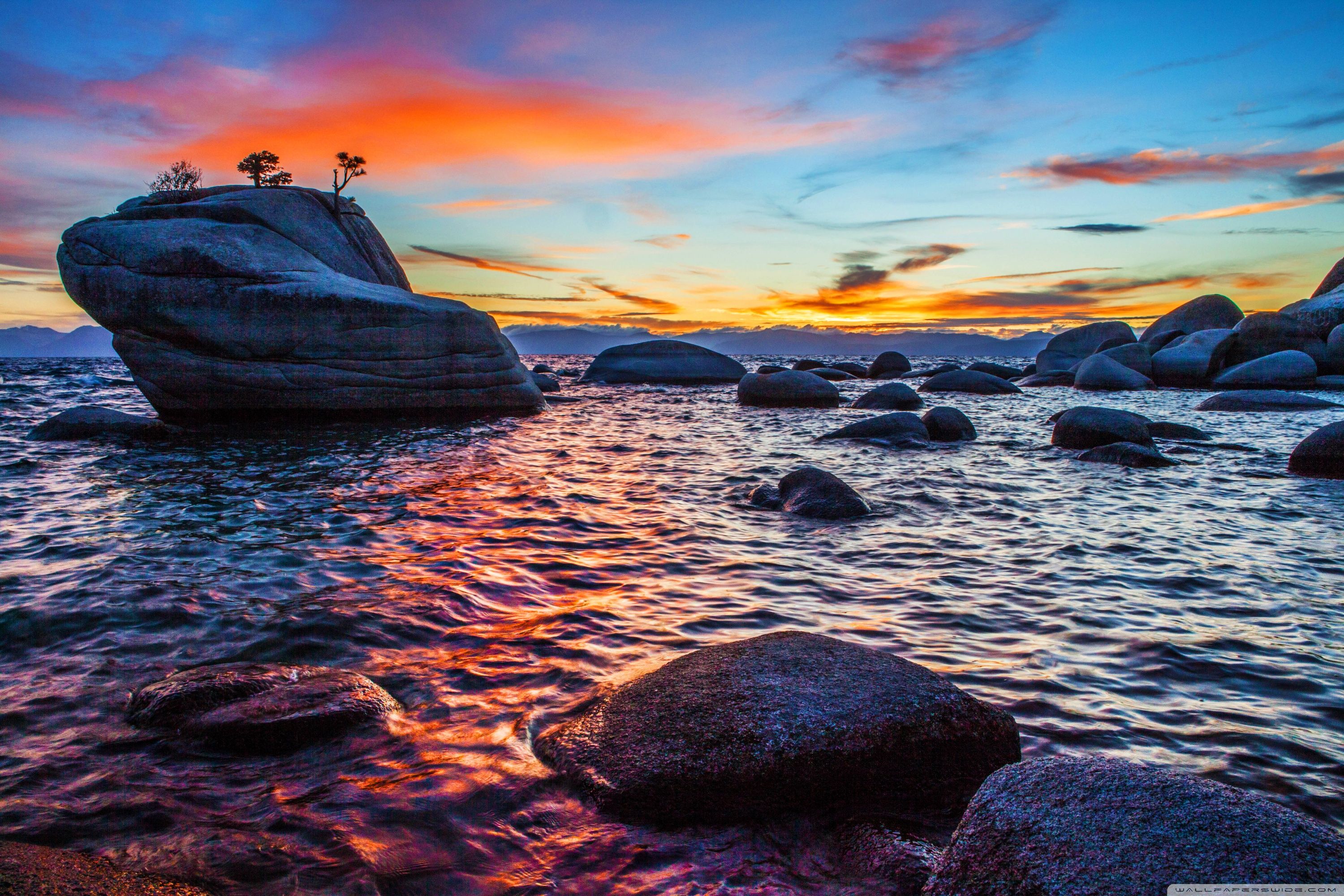Bonsai Rock Sunset at Lake Tahoe HD desktop wallpaper, Widescreen