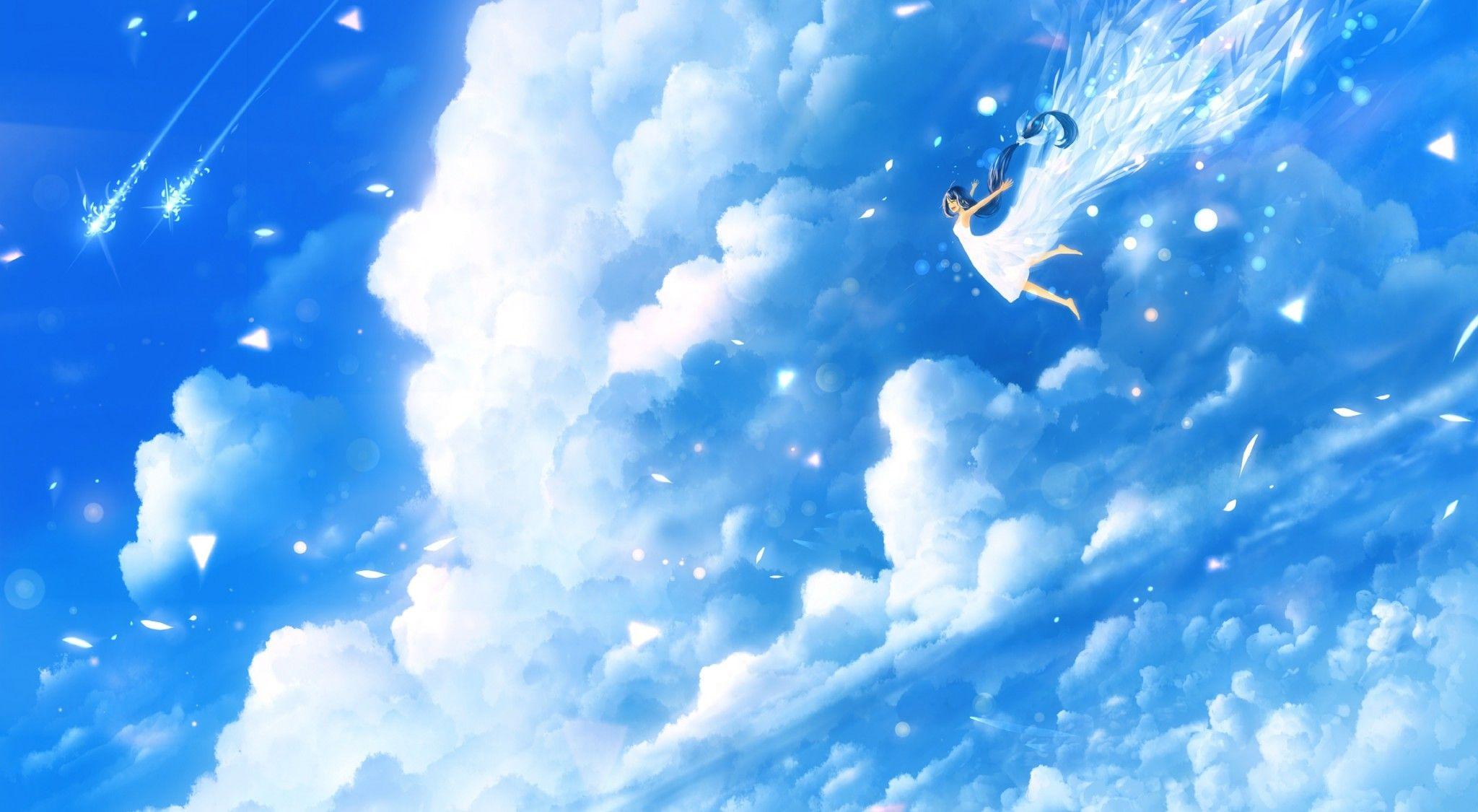 Download 2048x1125 Anime Girl, Flying, Sky, Clouds, Light Dress