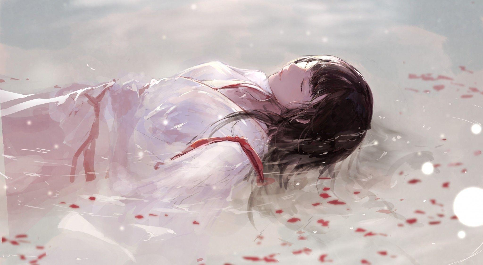 Download 2048x1125 Anime Girl, Lying Down, Sleeping, Water