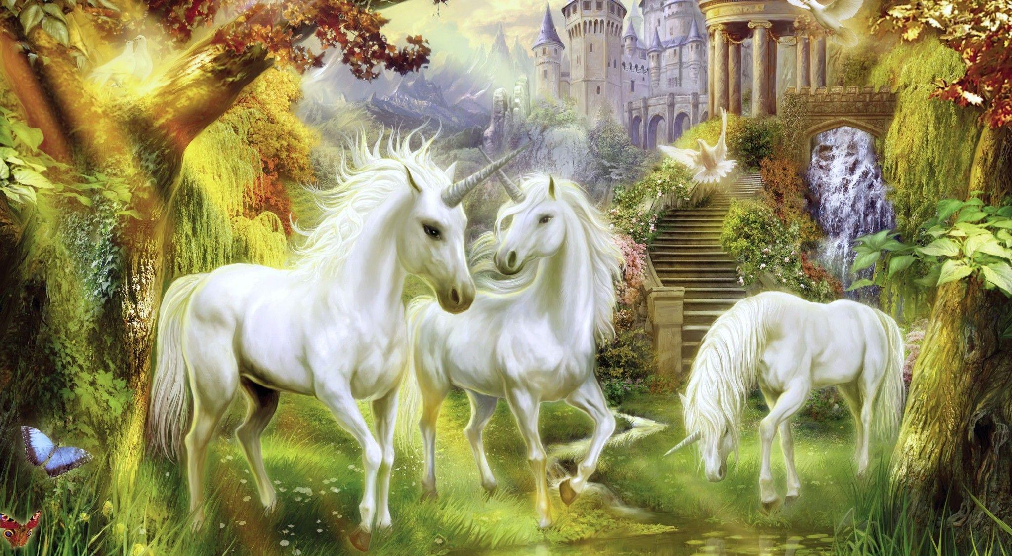 Download 2048x1125 Pegasus, Fantasy Animals, Castle, Forest