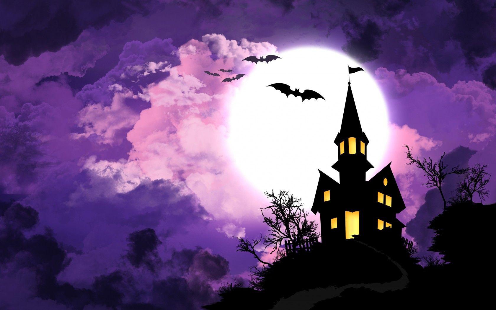 Wallpaper Haunted House, Bats, Moon, HD, 4K, Celebrations