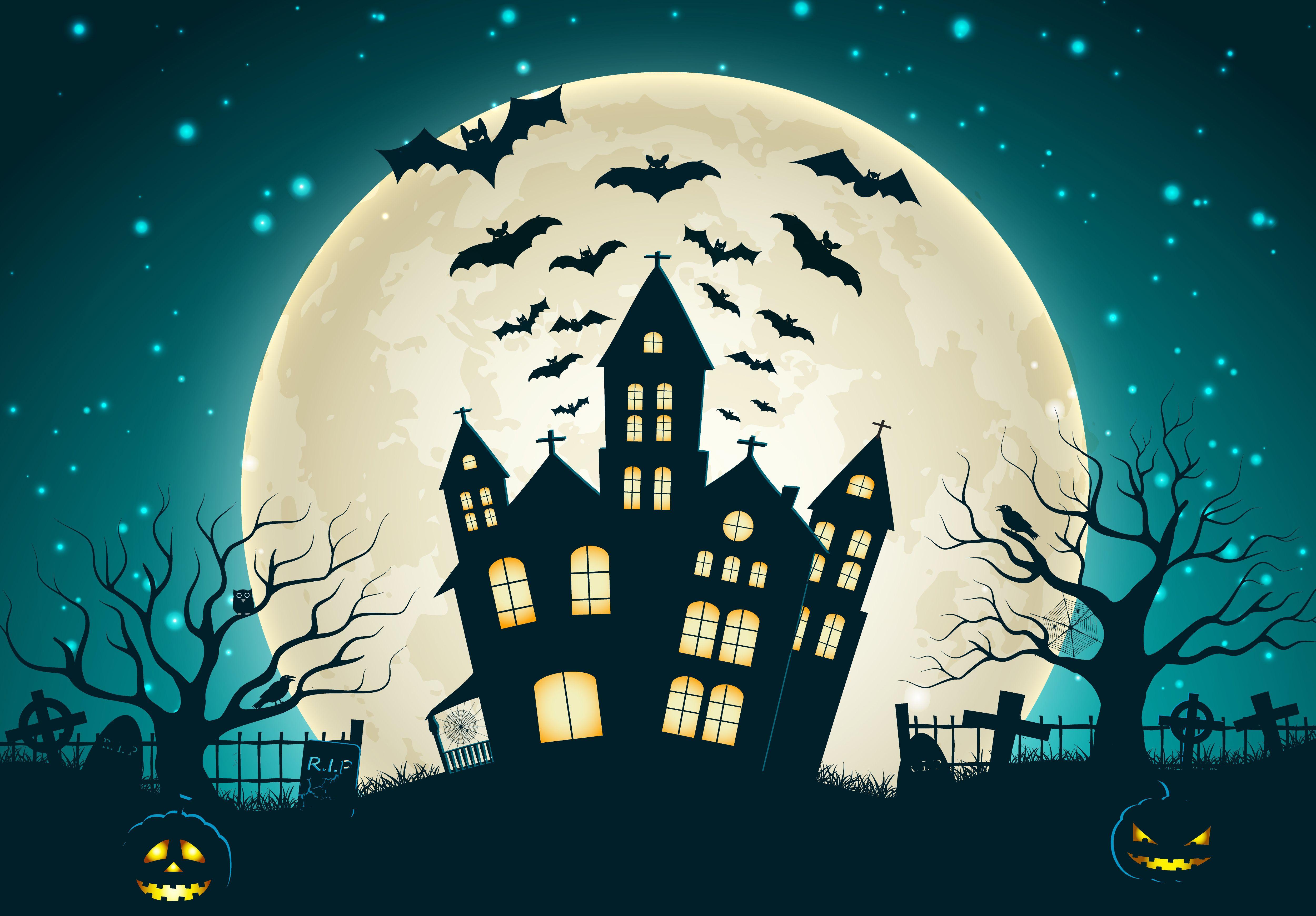 Wallpaper Scary house, Bats, Full moon, Pumpkins. 4K, Celebrations