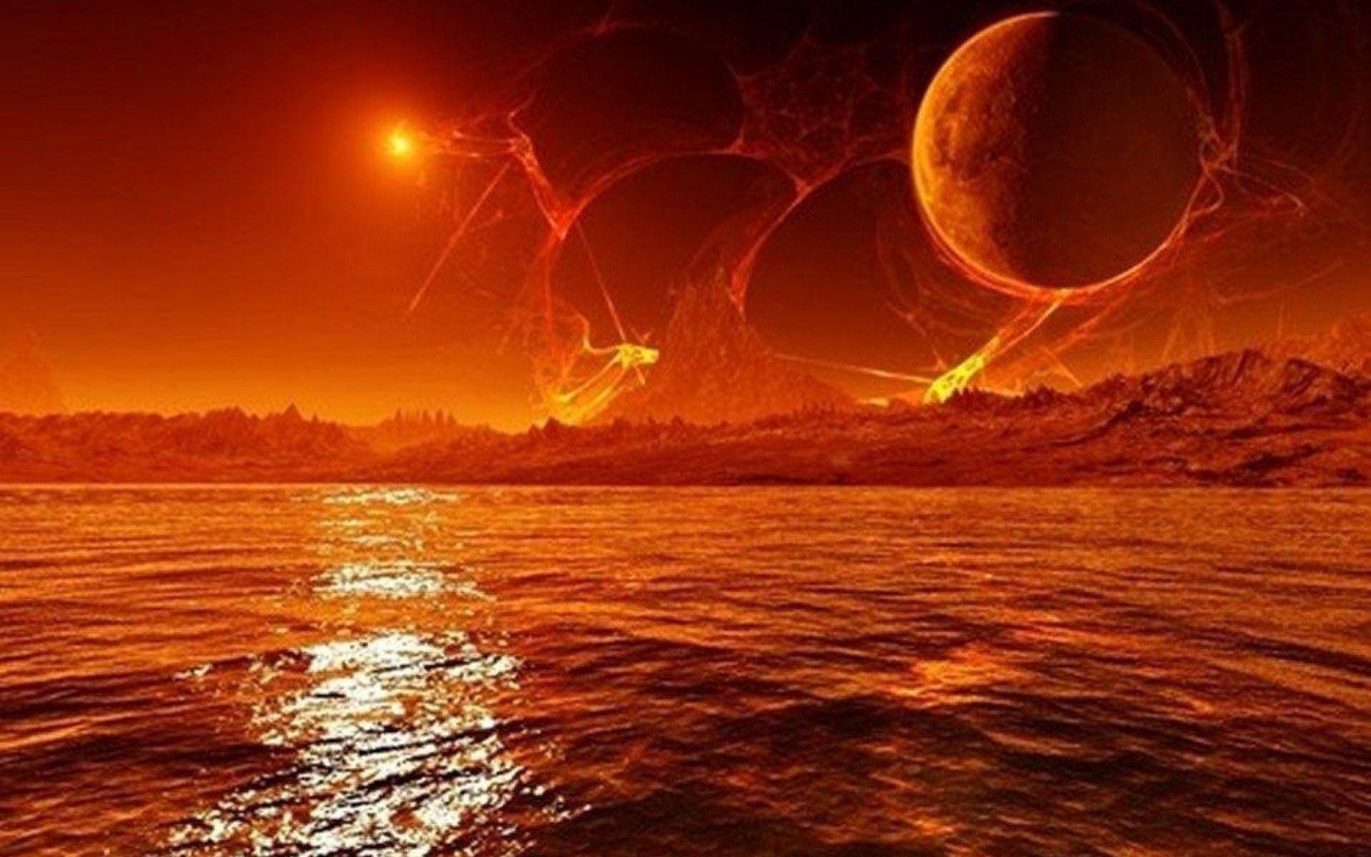 planet sea red background HD wallpaper