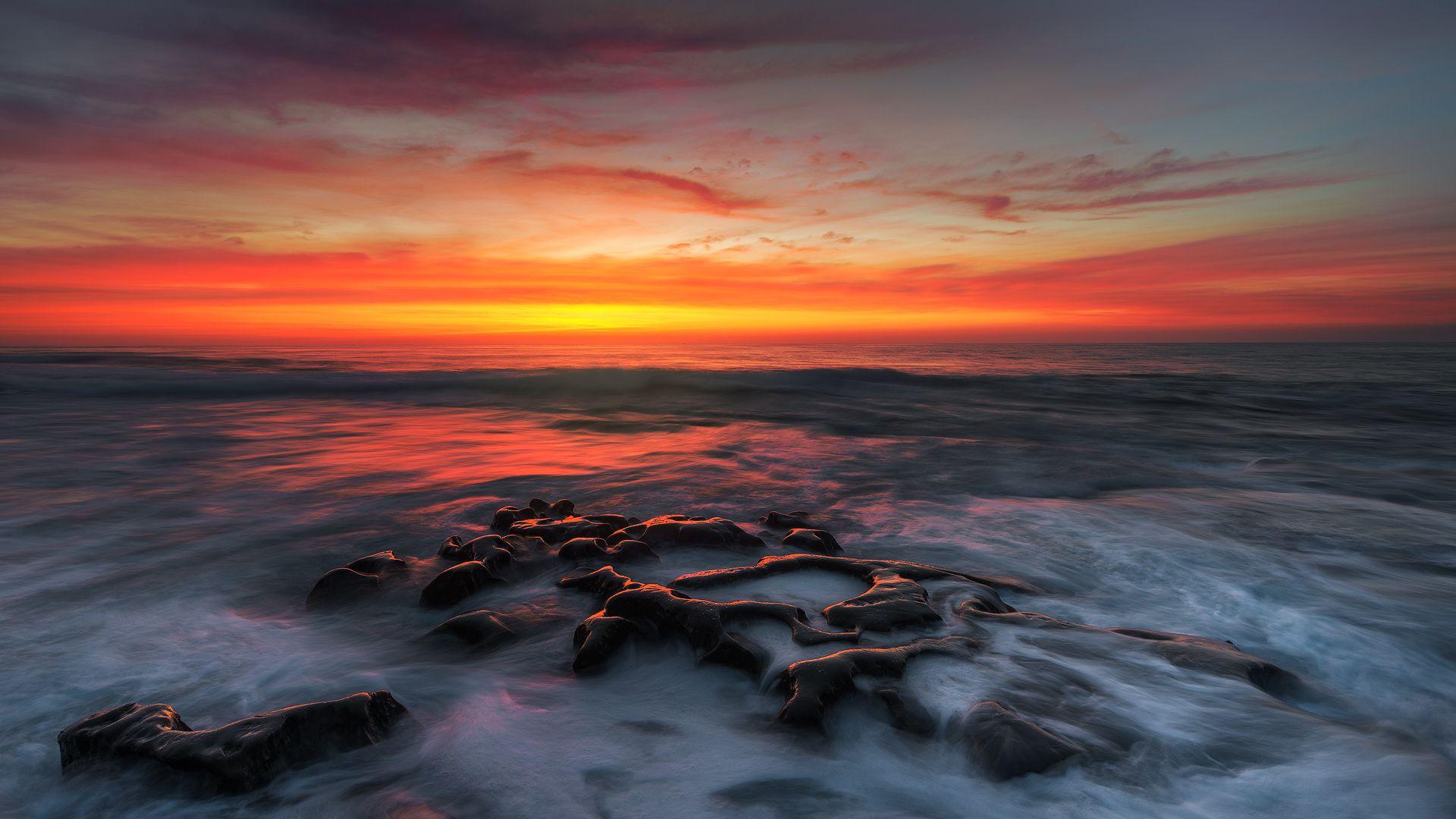 sea wave sky sunset ocean beach wallpaper HD wallpaper