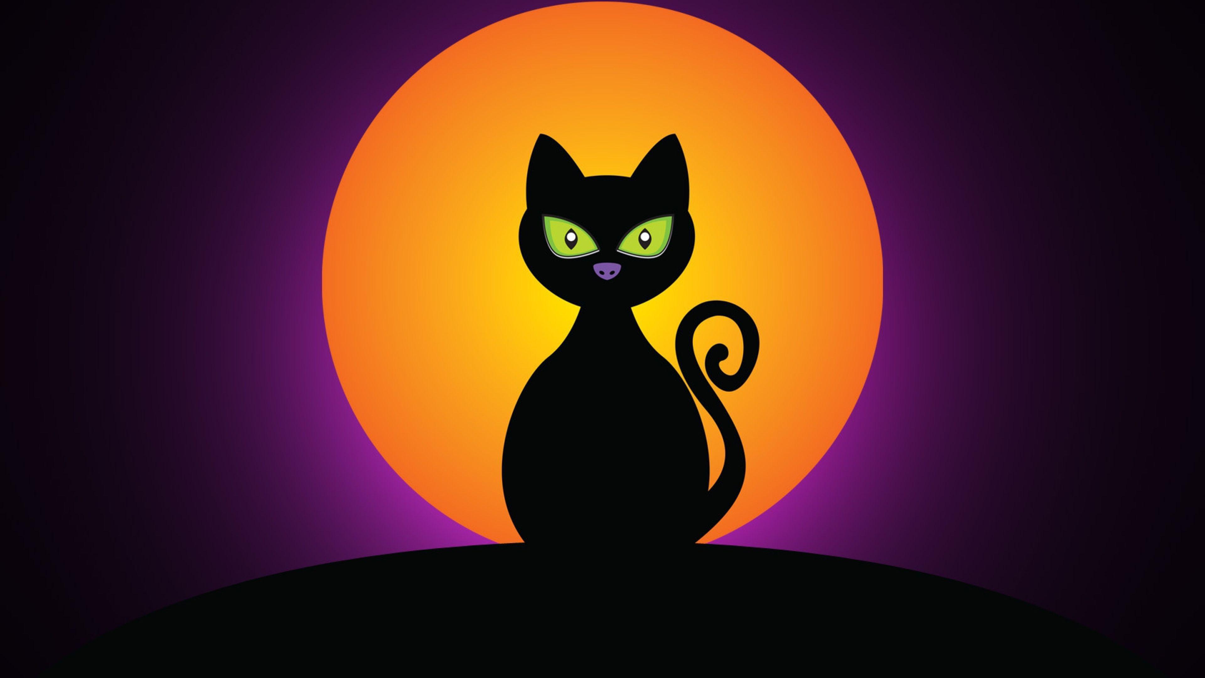 Download Wallpaper 3840x2160 Cat, Black, Halloween, Moon