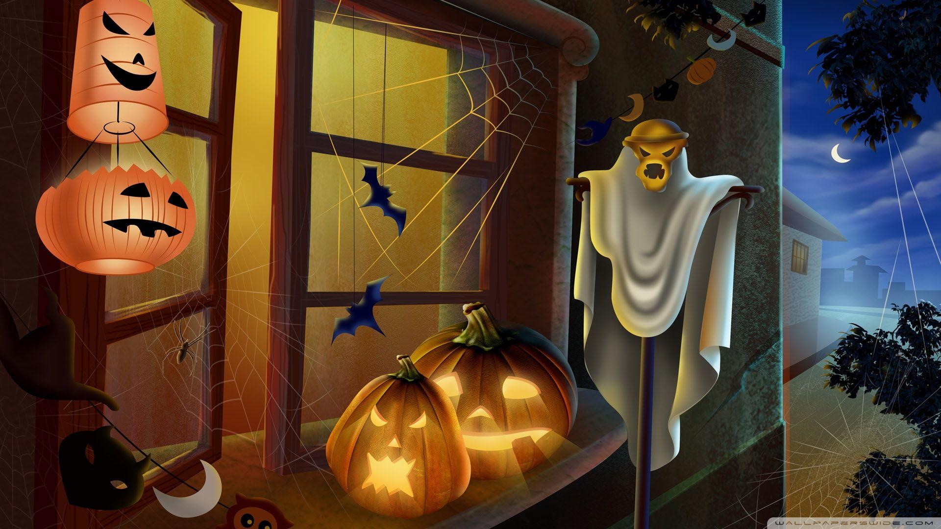 Spooky House Bats Scary Pumpkin Spider Web Hallowmas Halloween HD