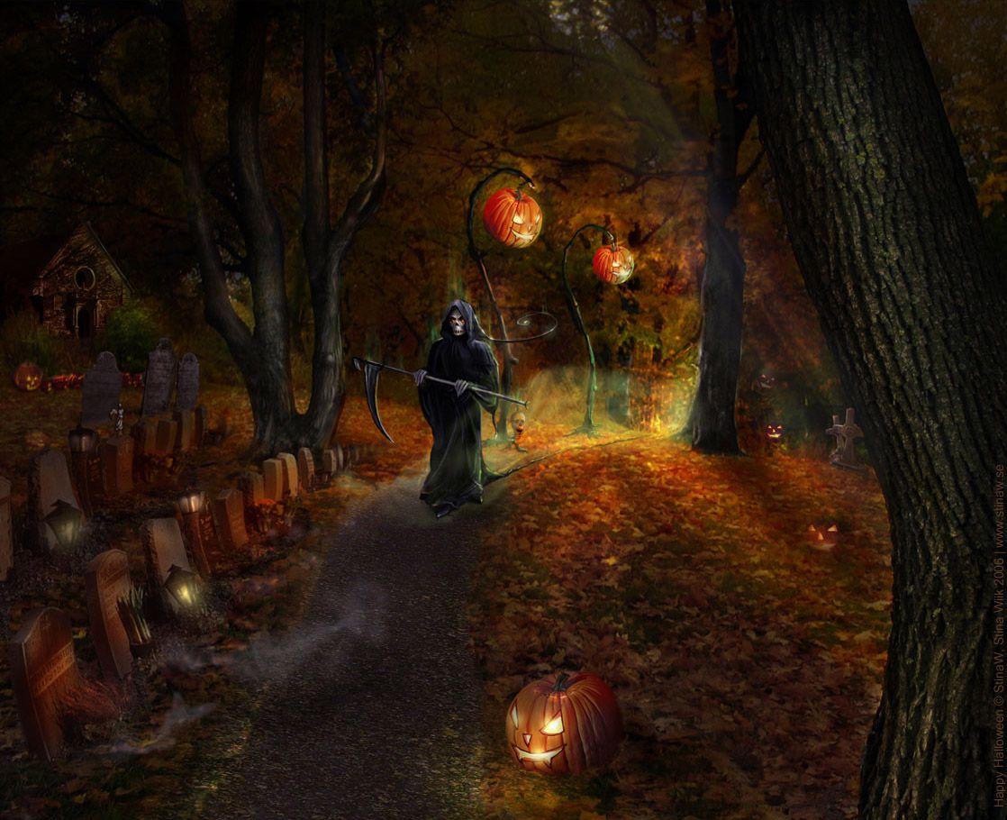 Evil Halloween Picture. Scary Halloween Night Skeleton Pumpkin