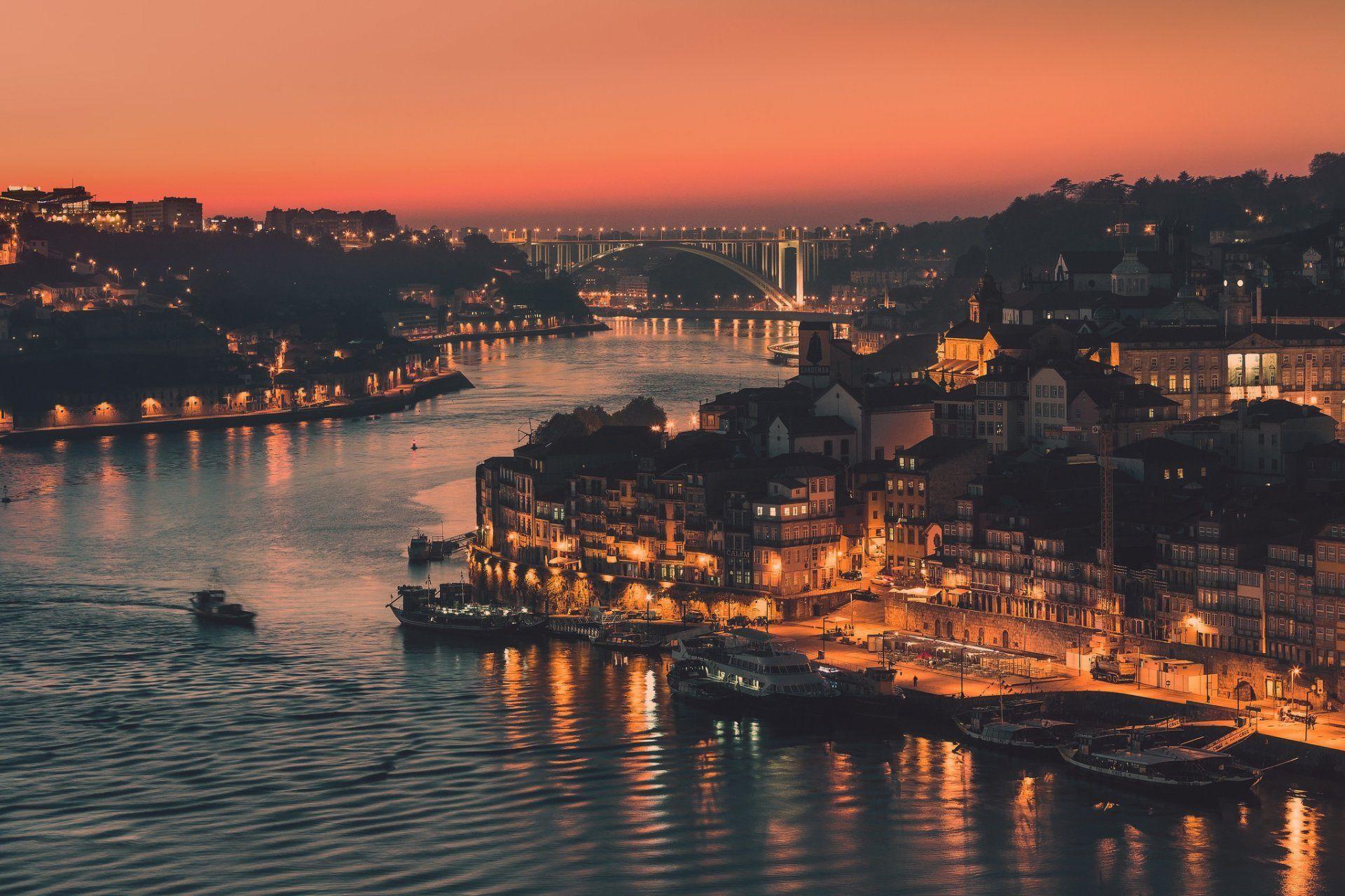 portugal town porto night lights river channel bridge HD wallpaper
