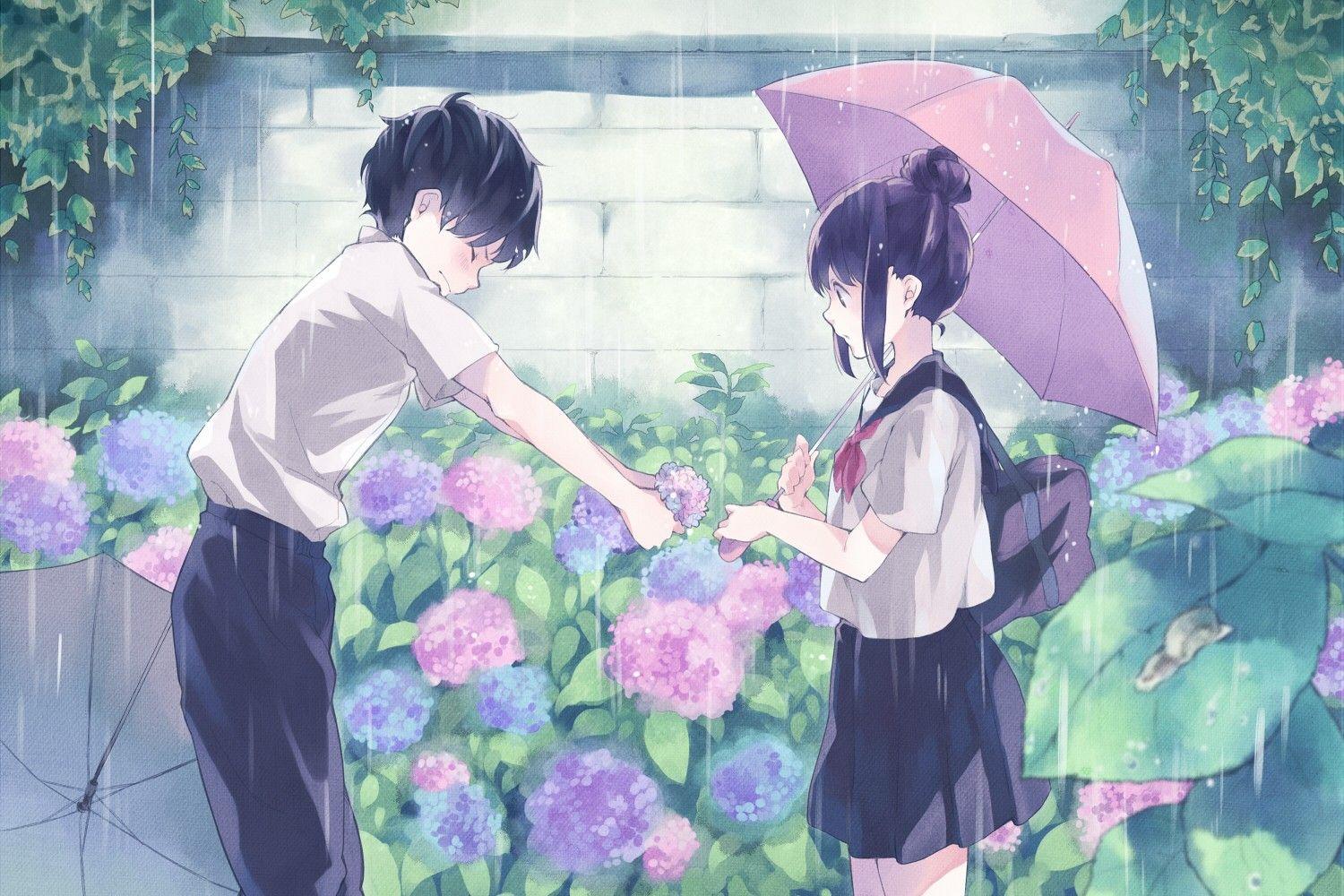 rain, flowers, leaves, school uniforms, skirts, outdoors, plants