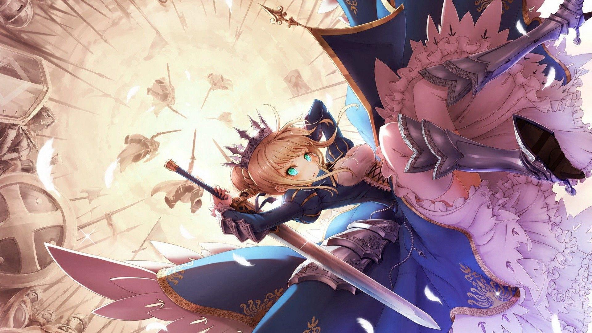 Anime Girls Aqua Eyes Armor Arms Raised Army Bangs Blondes Blue