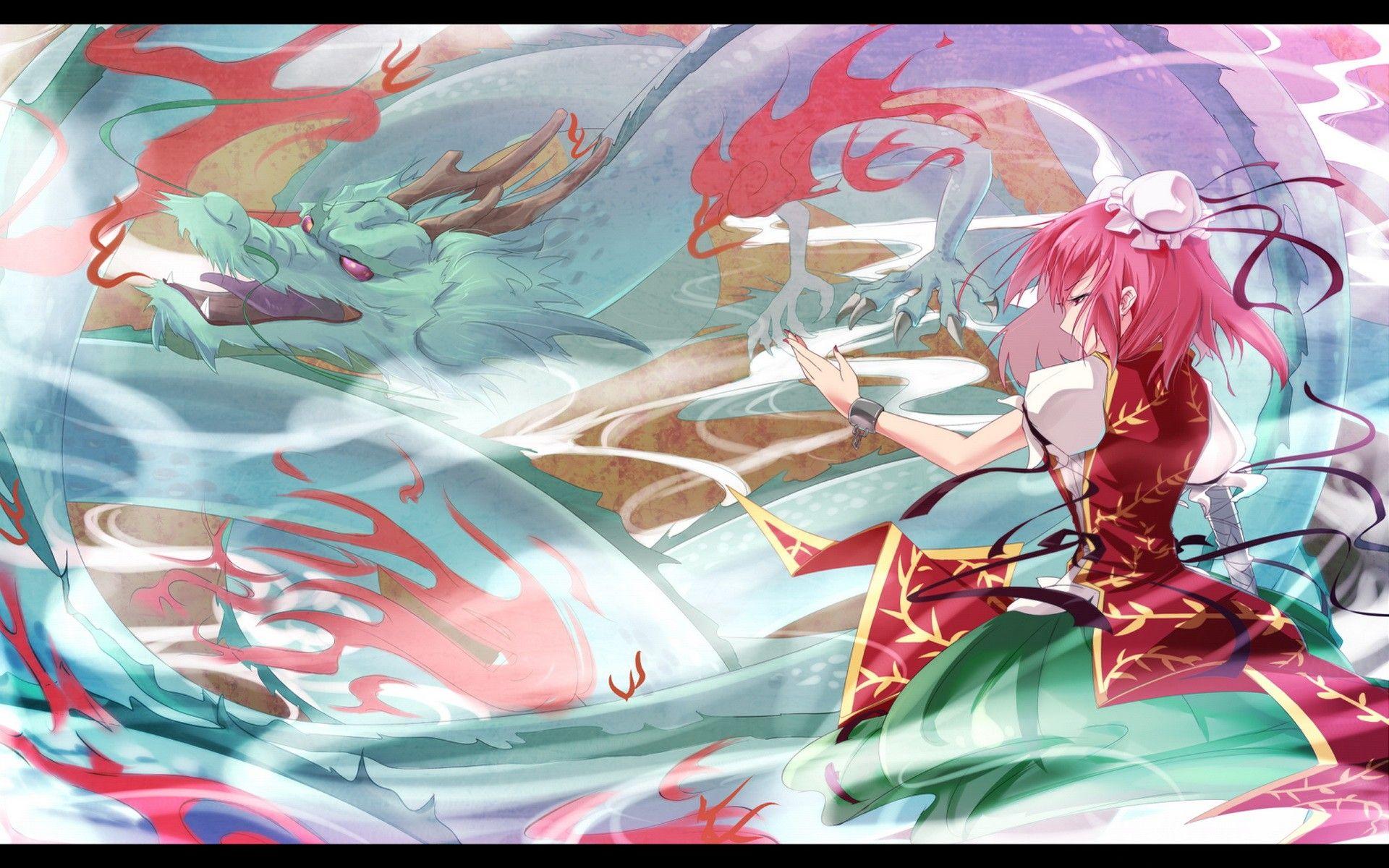 video games, Touhou, dragons, fire, skirts, horns, ribbons, pink