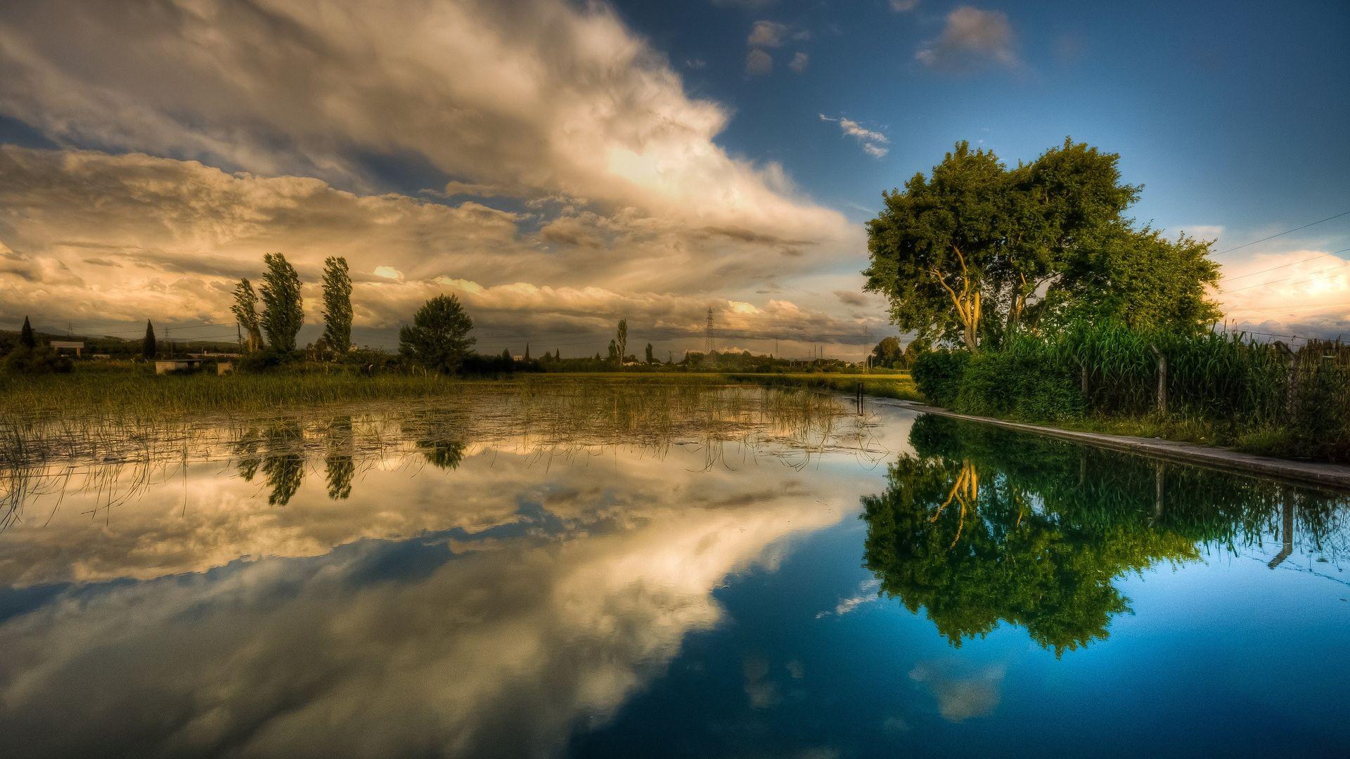 Download Wallpaper 1920x1080 sky, trees, clouds, lake, reflection