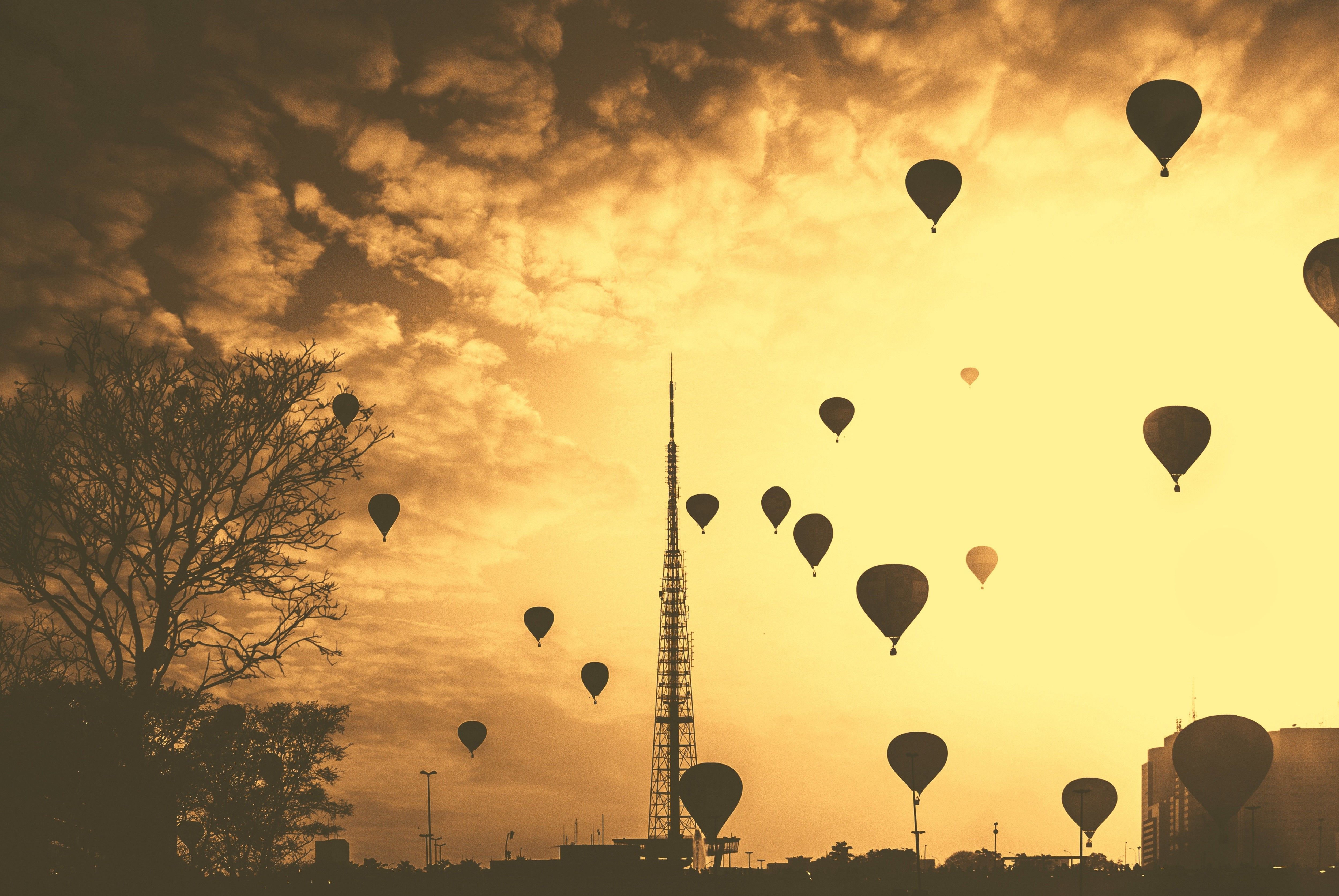 hot Air Balloons, Clouds, Nature, City, Trees, Silhouette