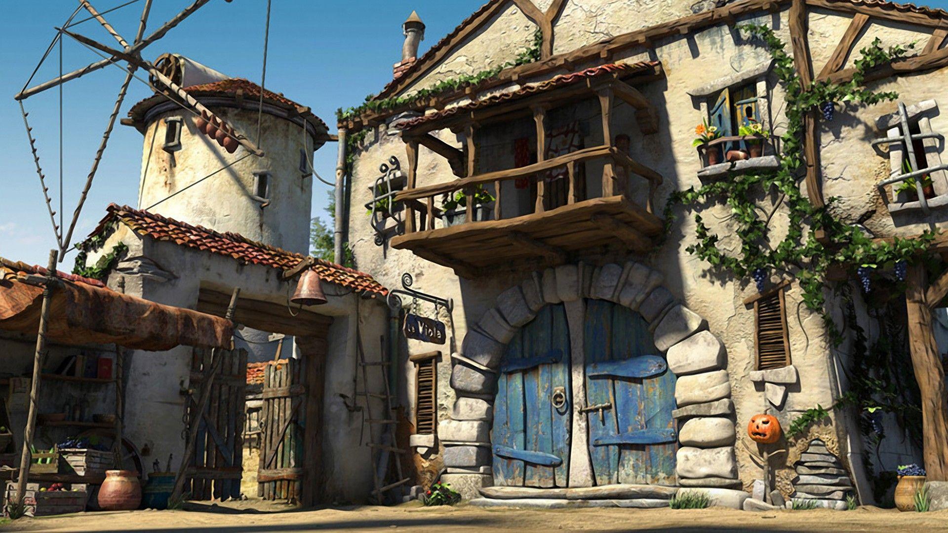 Houses Balcony Rocks Plants Mill Digital Art Pumpkins Doors 3D Art