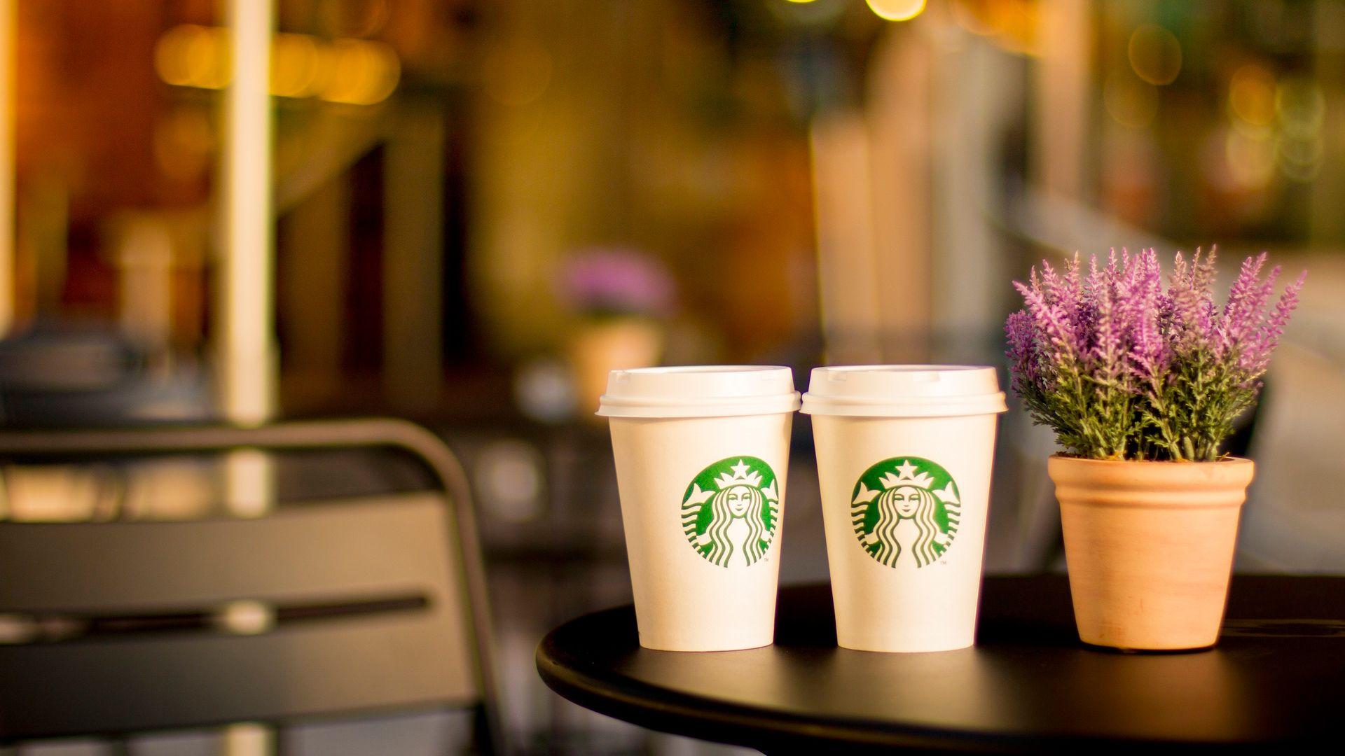 Starbucks Picture in HD with Two Cups on Table. HD Wallpaper