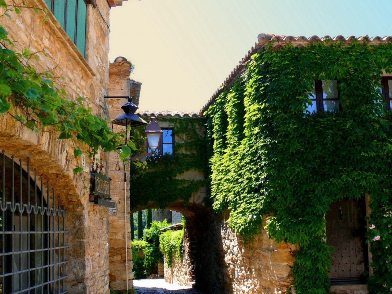 Ivy covered houses in catalonia spain wallpaper