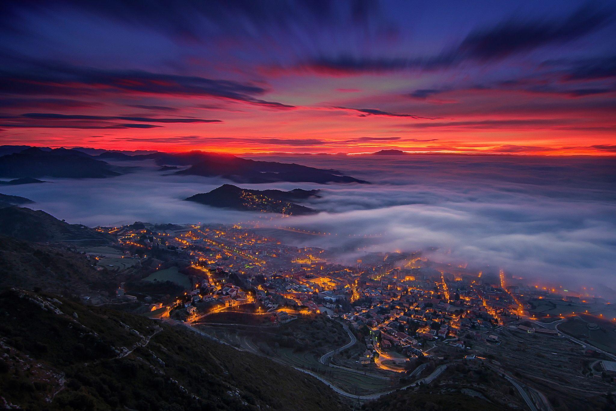 Wallpaper Berga, Catalonia, Spain, valley, fog, clouds, night