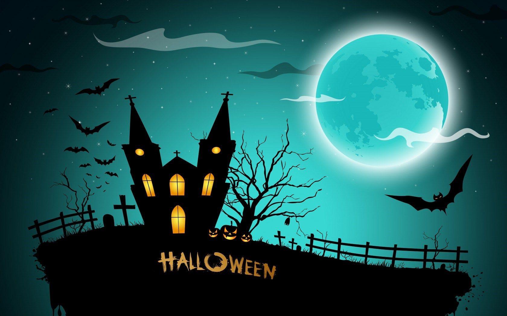 Halloween Creepy Scary Pumpkins Bats House Full Moon Midnight