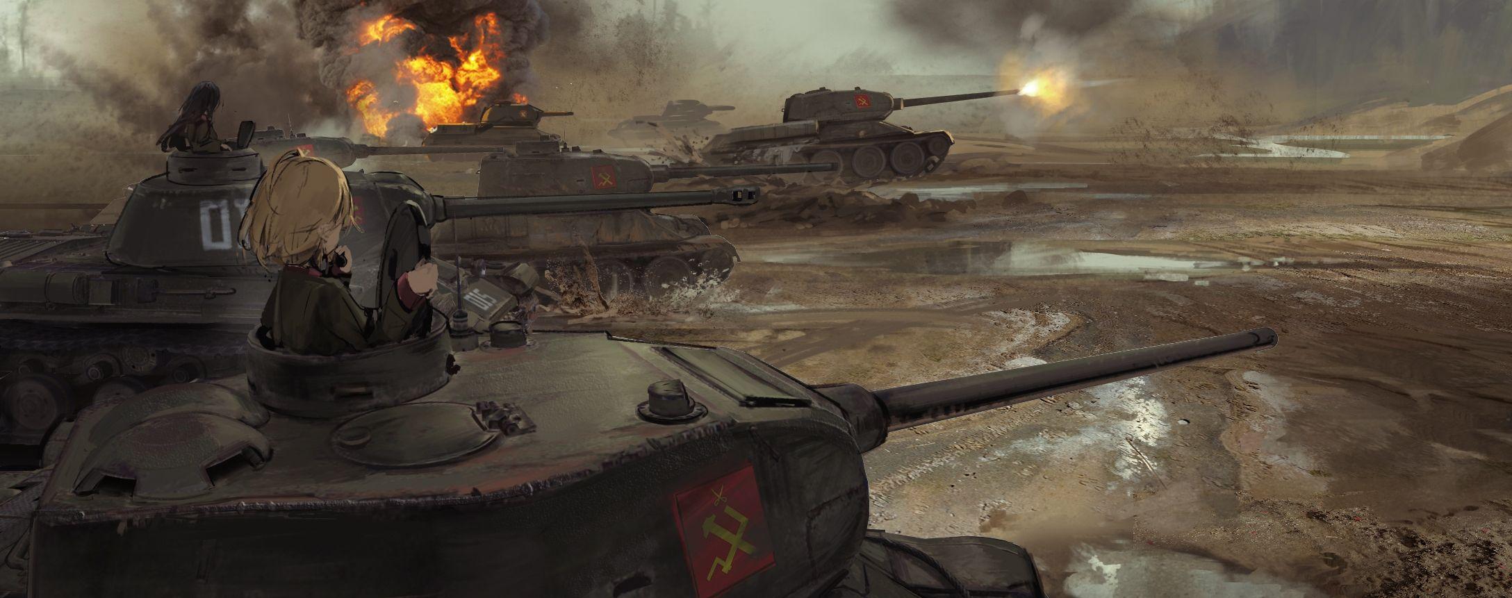 Wallpaper Girls Und Panzer, Battlefield, Tanks, Explosion