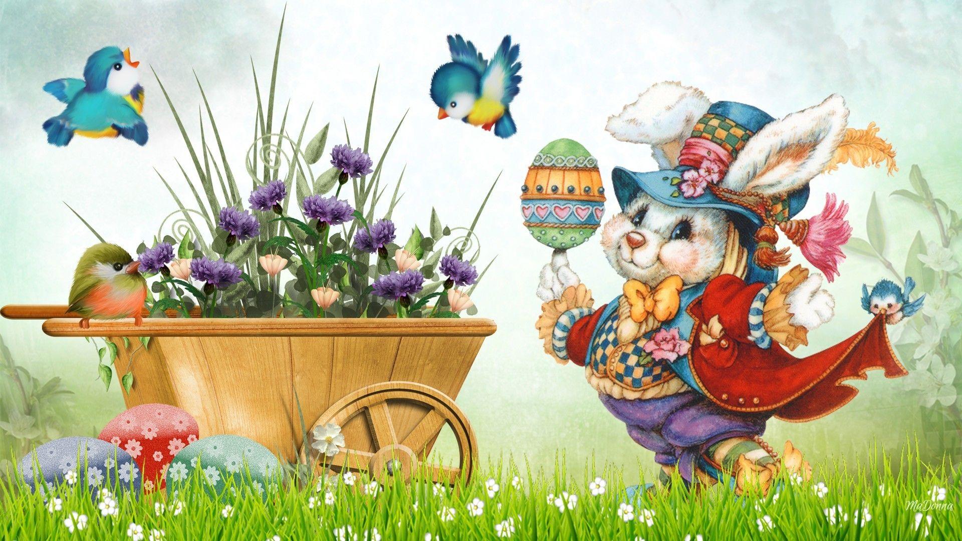 Flower: Vintage Easter Bunny Grass Birds Eggs Cute Flowers