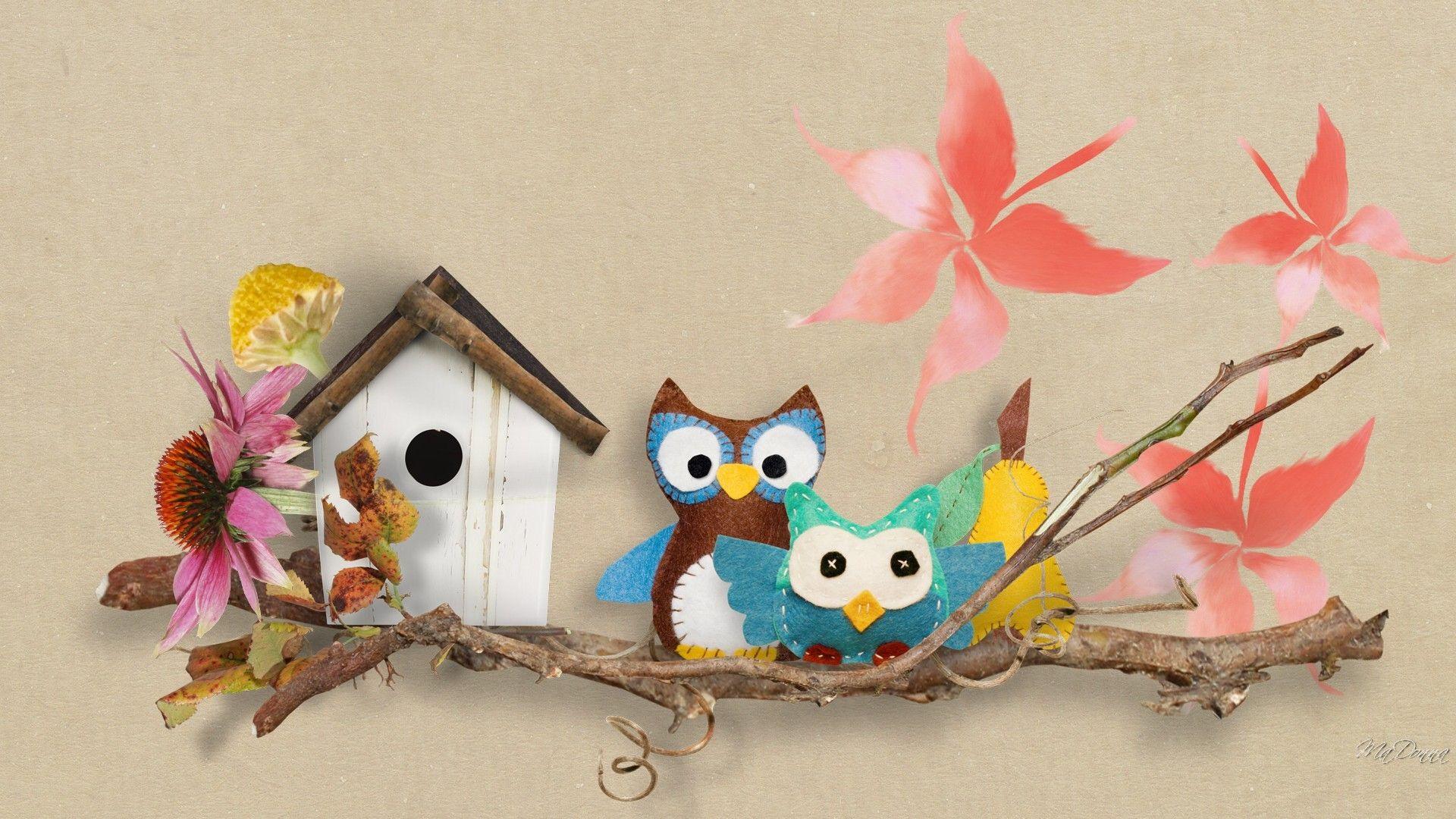 Simply: Owls for autumn birds twigs fall leaves