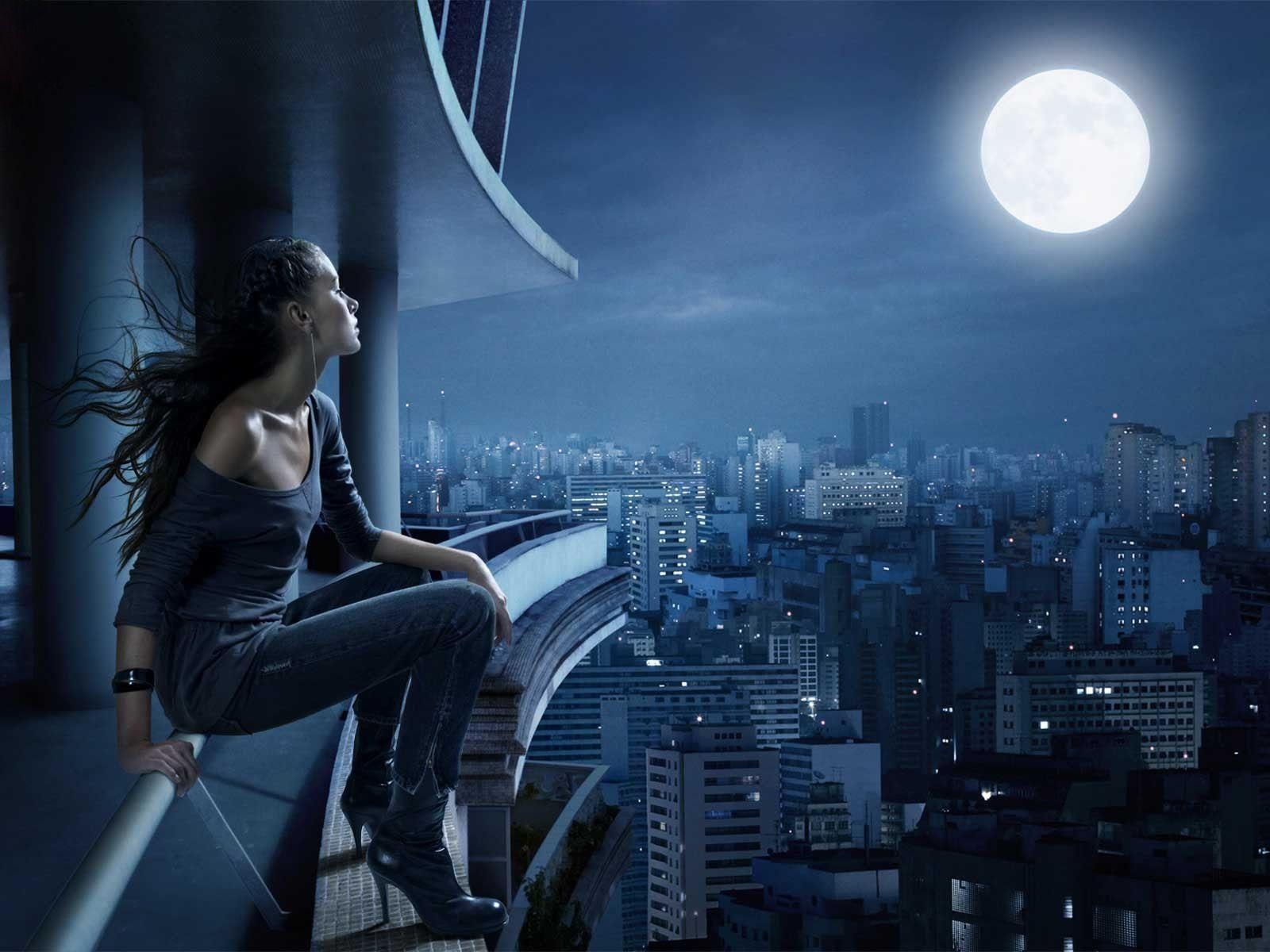 Sweet Lonely Girl wallpaper looking at moon. Inspiration