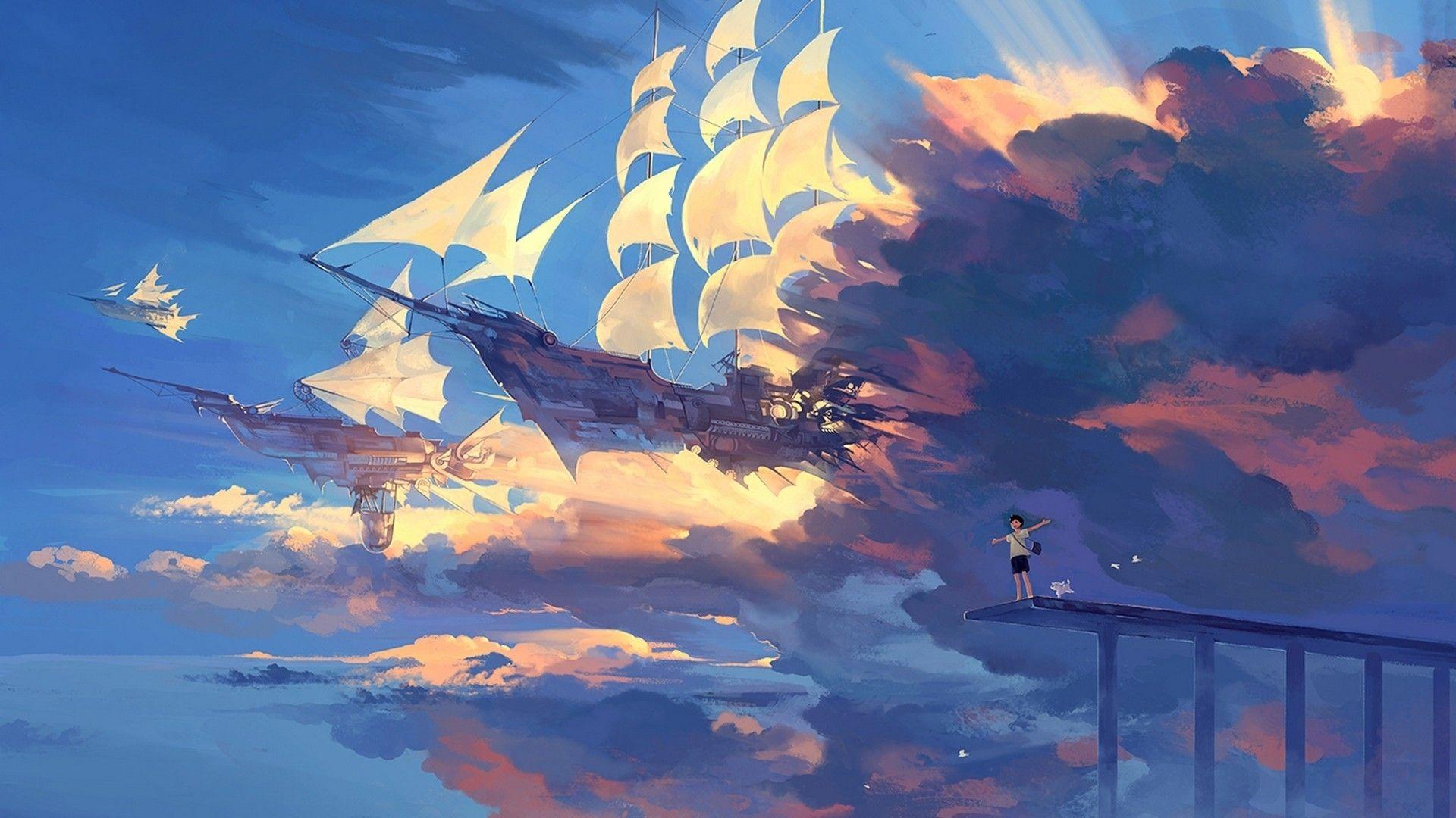 Download Wallpaper 1920x1080 Hanyijie, Sky, Scenery, Ship, Anime