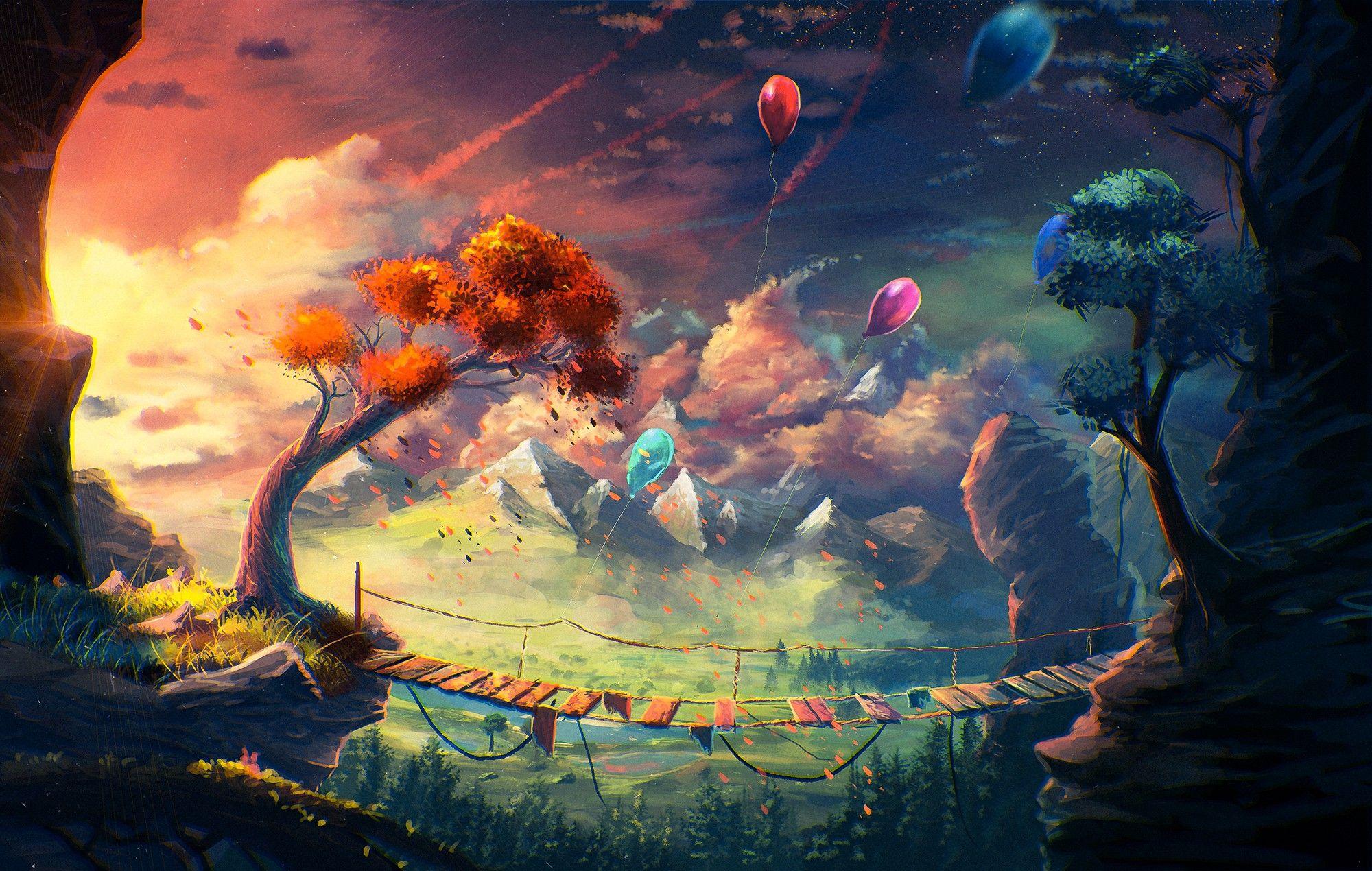 anime, Artwork, Fantasy Art, Mountain, Bridge, Balloons, Sylar