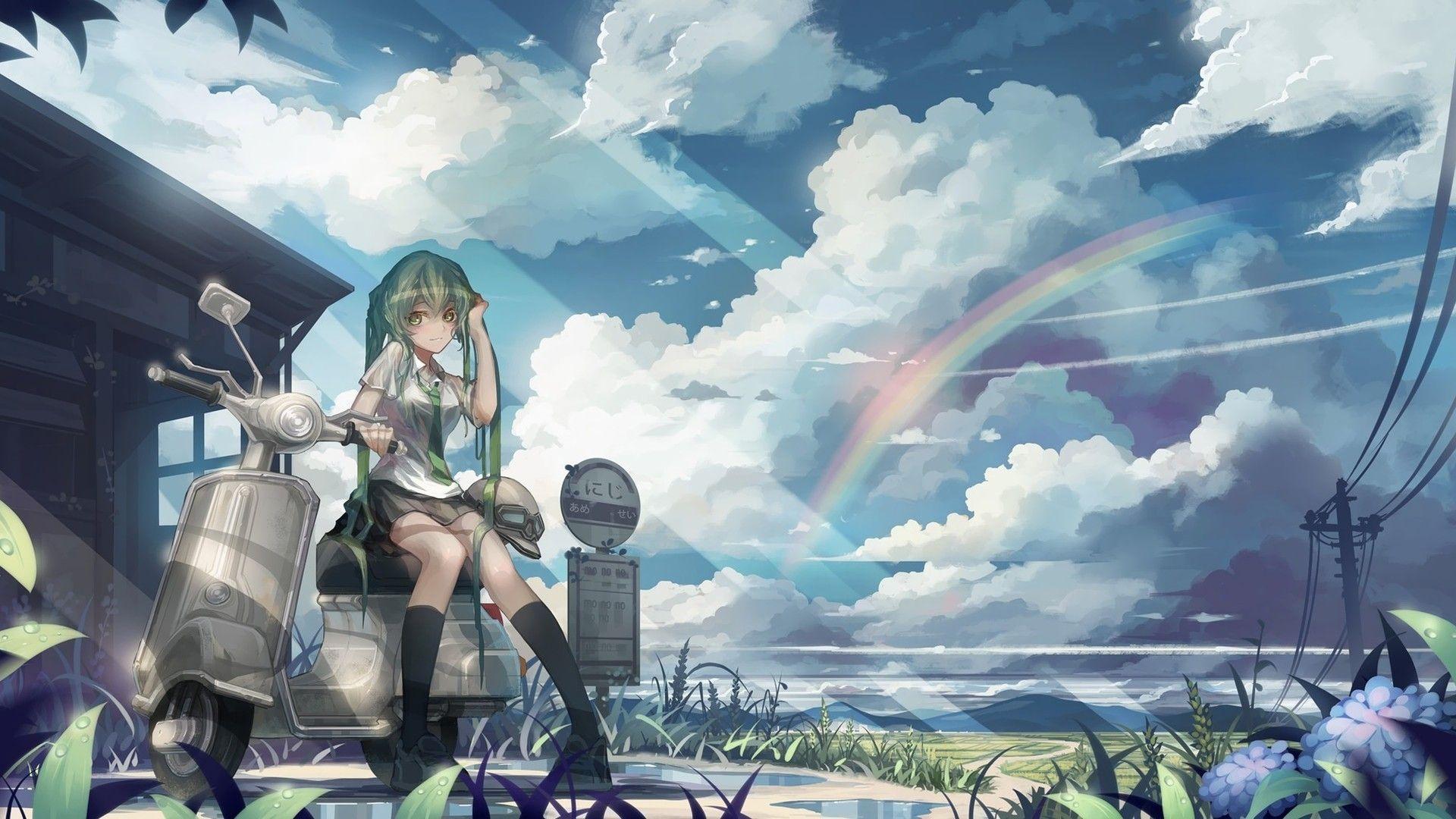clouds, rainbows, anime, green hair, uniform, sun rays, anime