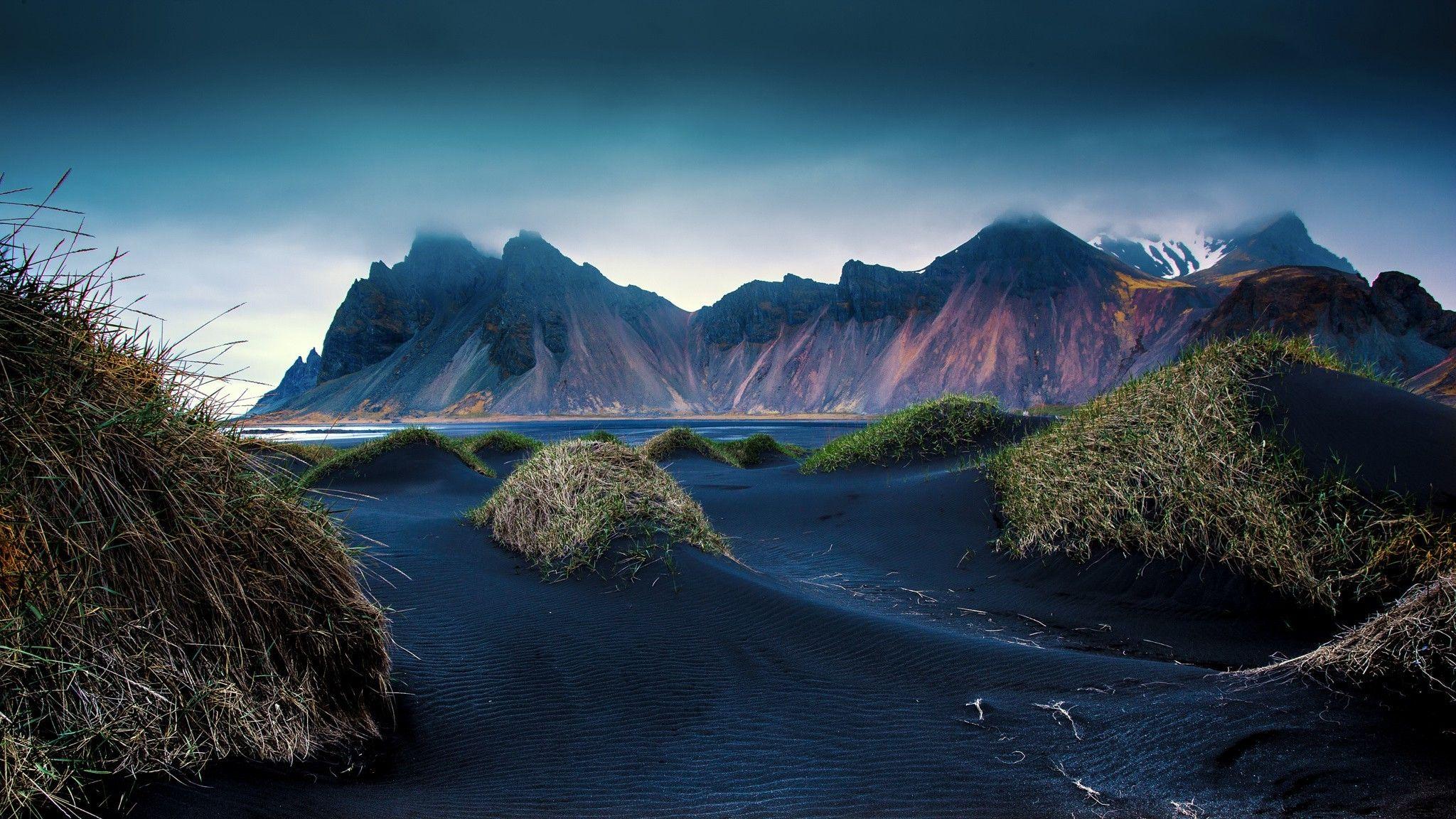 mountain, Beach, Black, Sand, Dune, Iceland, Cliff, Grass, Clouds