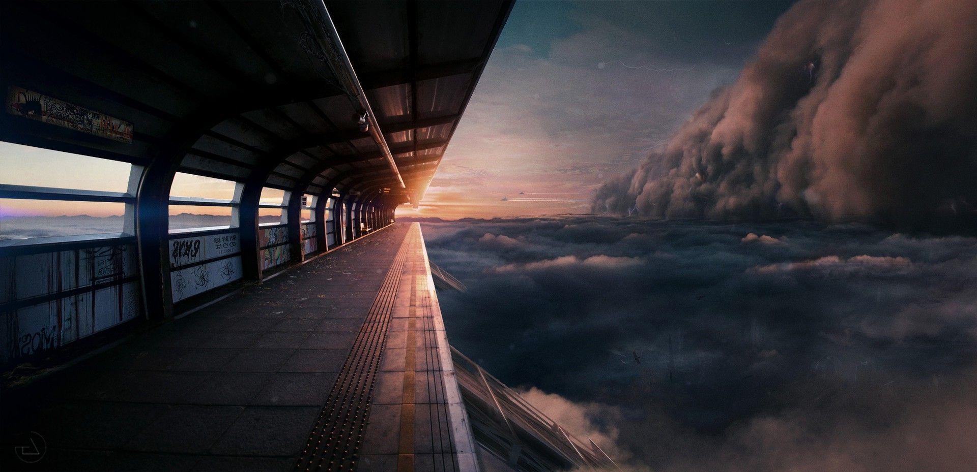 skyline, Futuristic, Clouds, Train Station, Star Wars