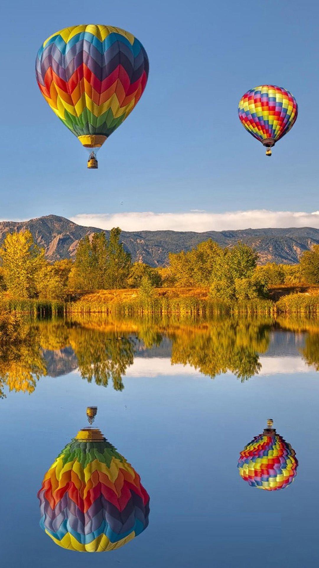Hot Air Balloon Lake Reflection iPhone 8 Wallpaper Download