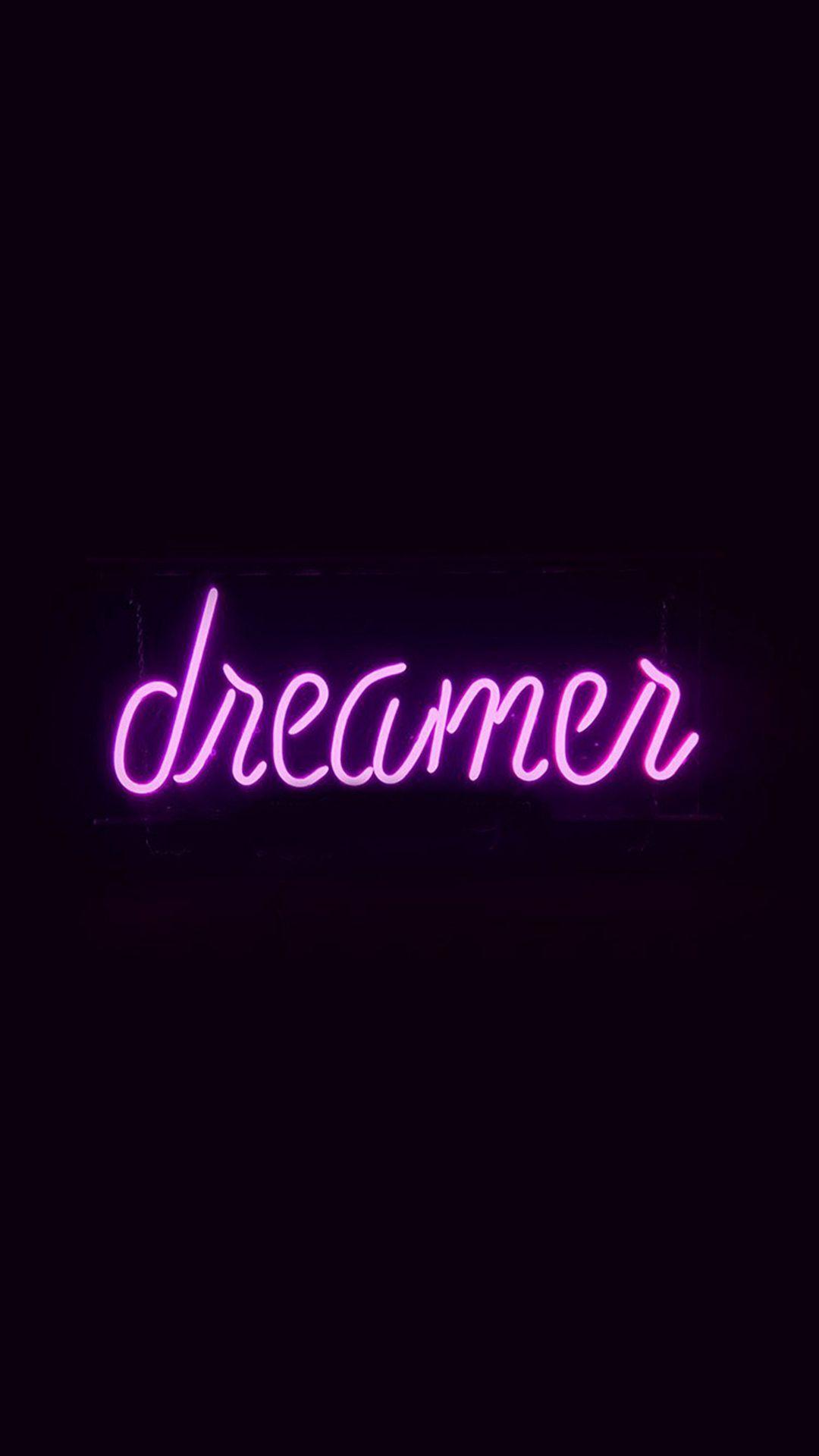 Dreamers Neon Sign Dark Illustration Art Purple iPhone 8 Wallpaper