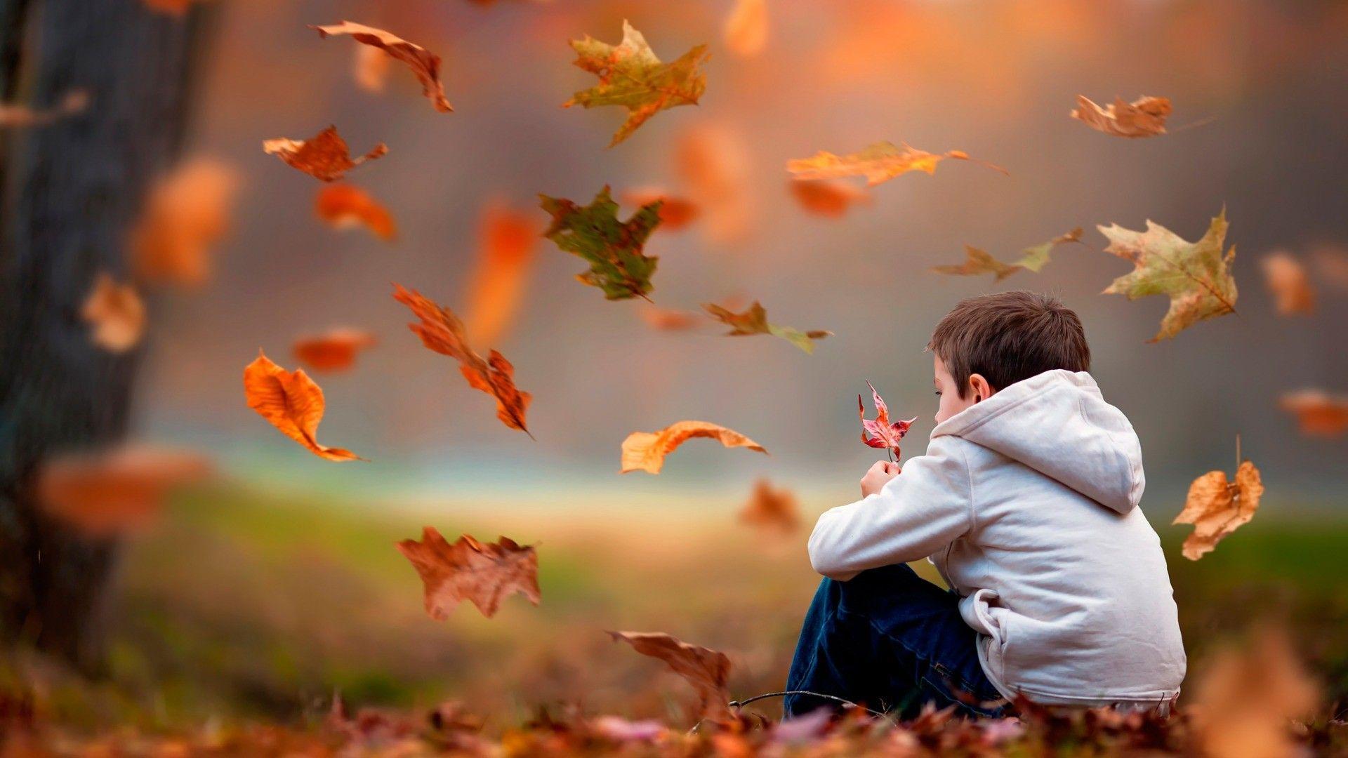 children leaves fall sitting windy Wallpaper HD / Desktop