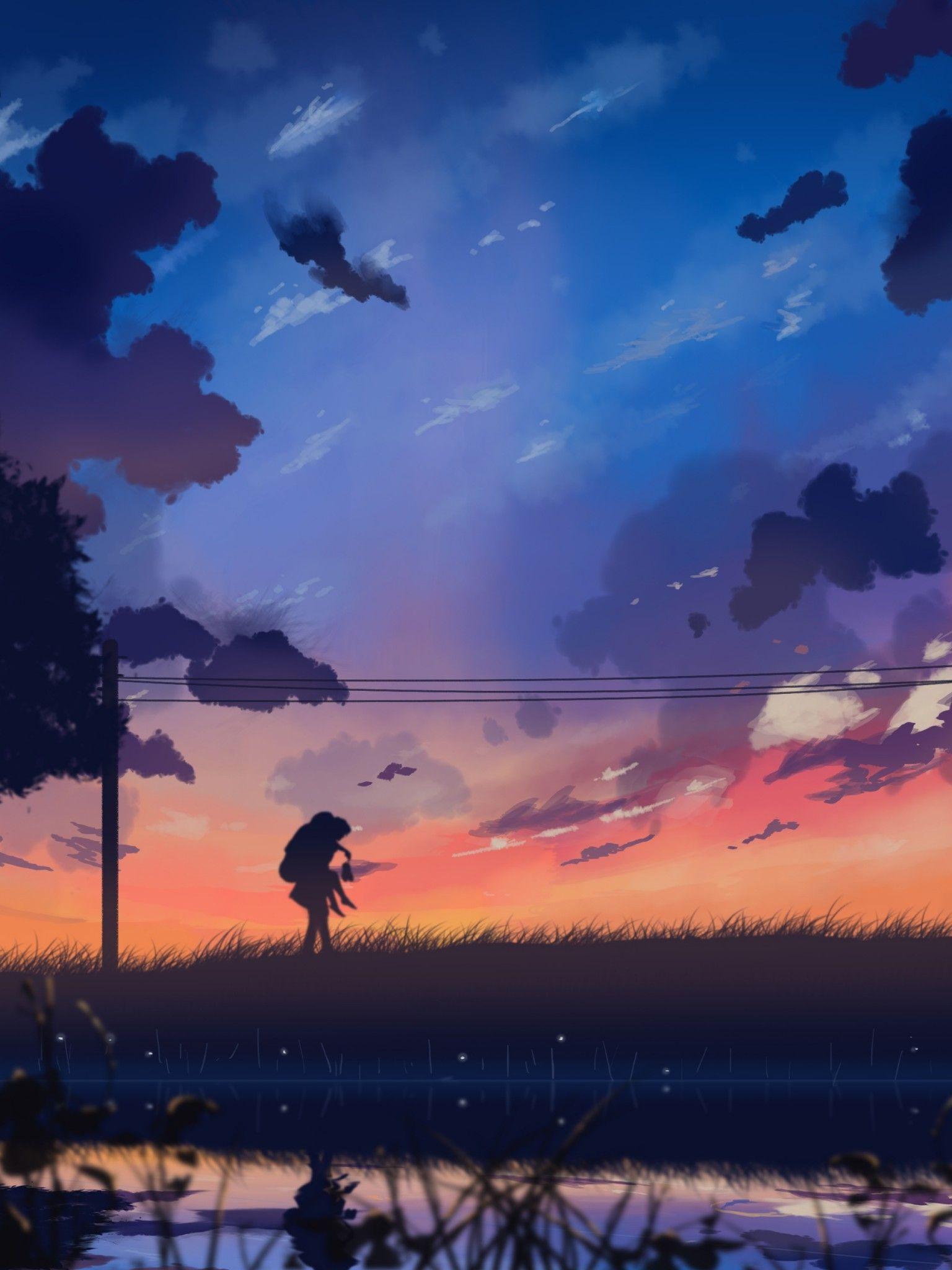 Download 1536x2048 Anime Landscape, Windy, Tree, Painting, Clouds
