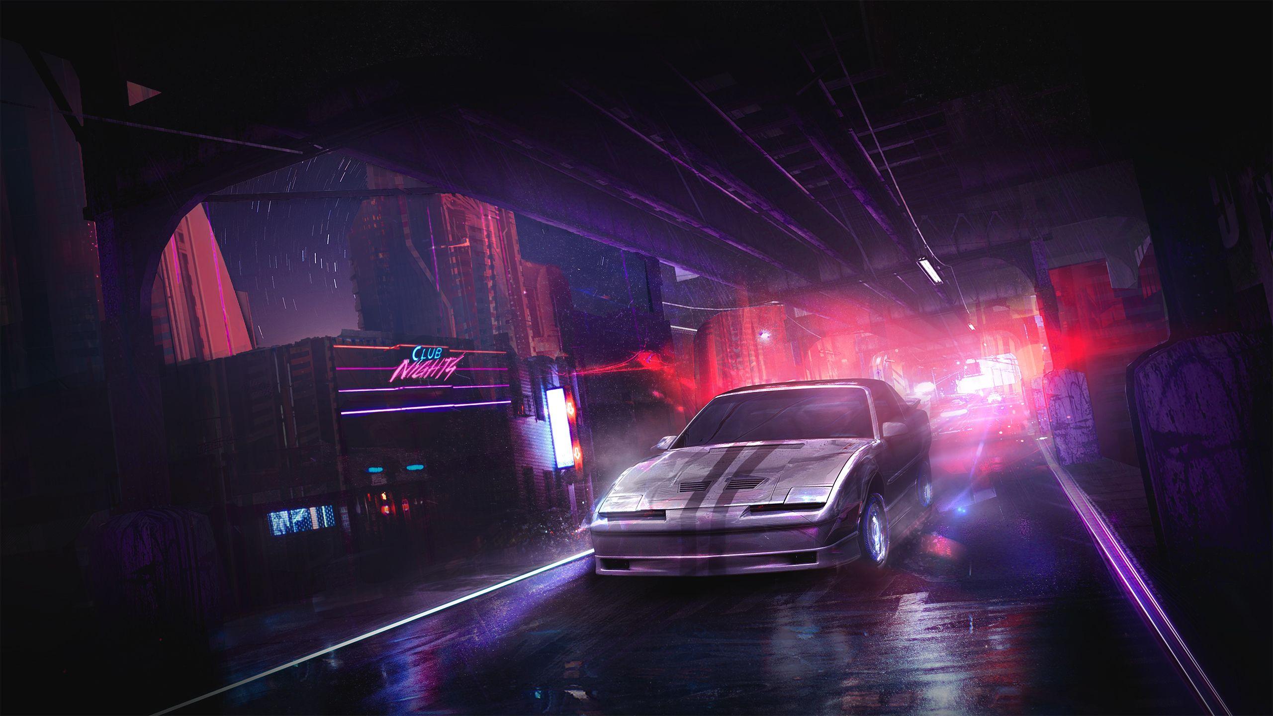 Wallpaper Racing car, Night club, Neon lights, HD, Creative Graphics