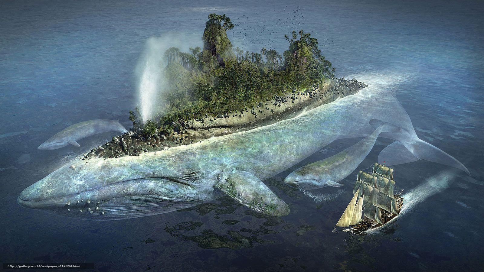 Download wallpaper whale, island, ship, sailfish free desktop