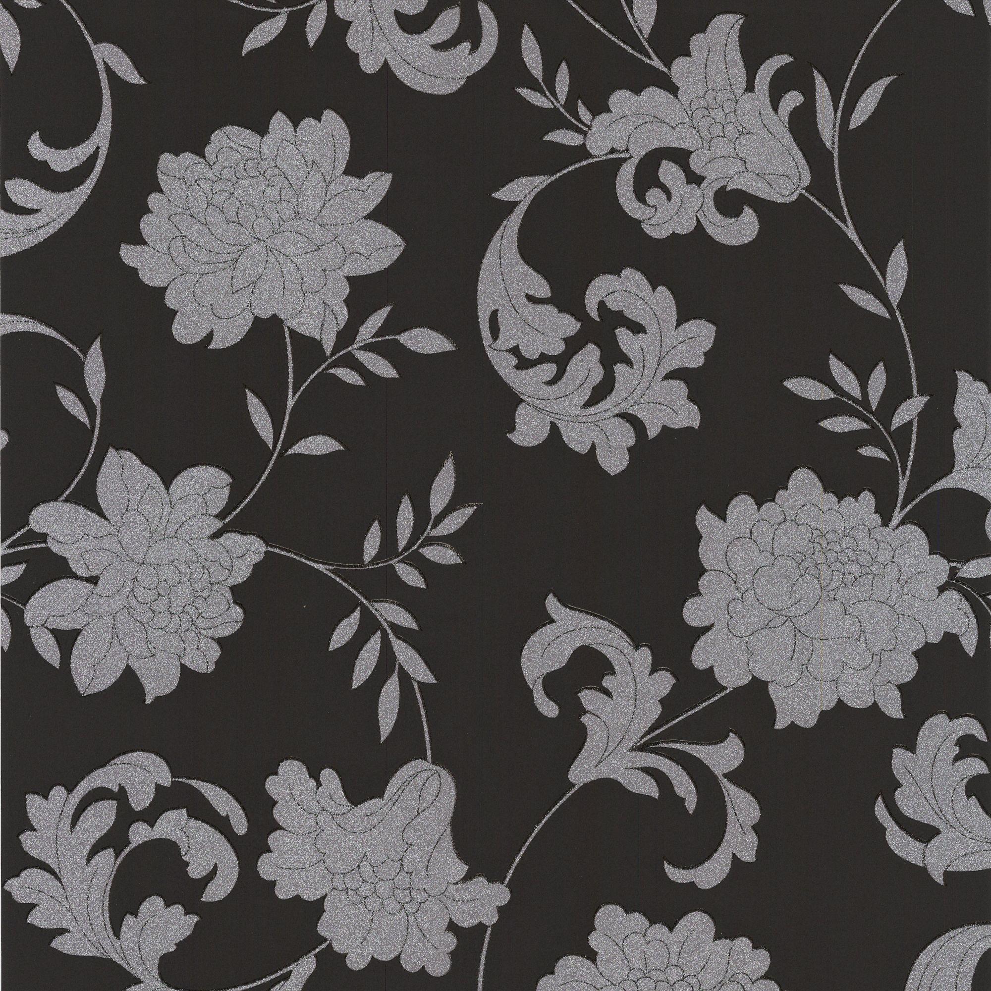 Laurence Llewelyn Bowen Silks Black & Silver Floral Wallpaper