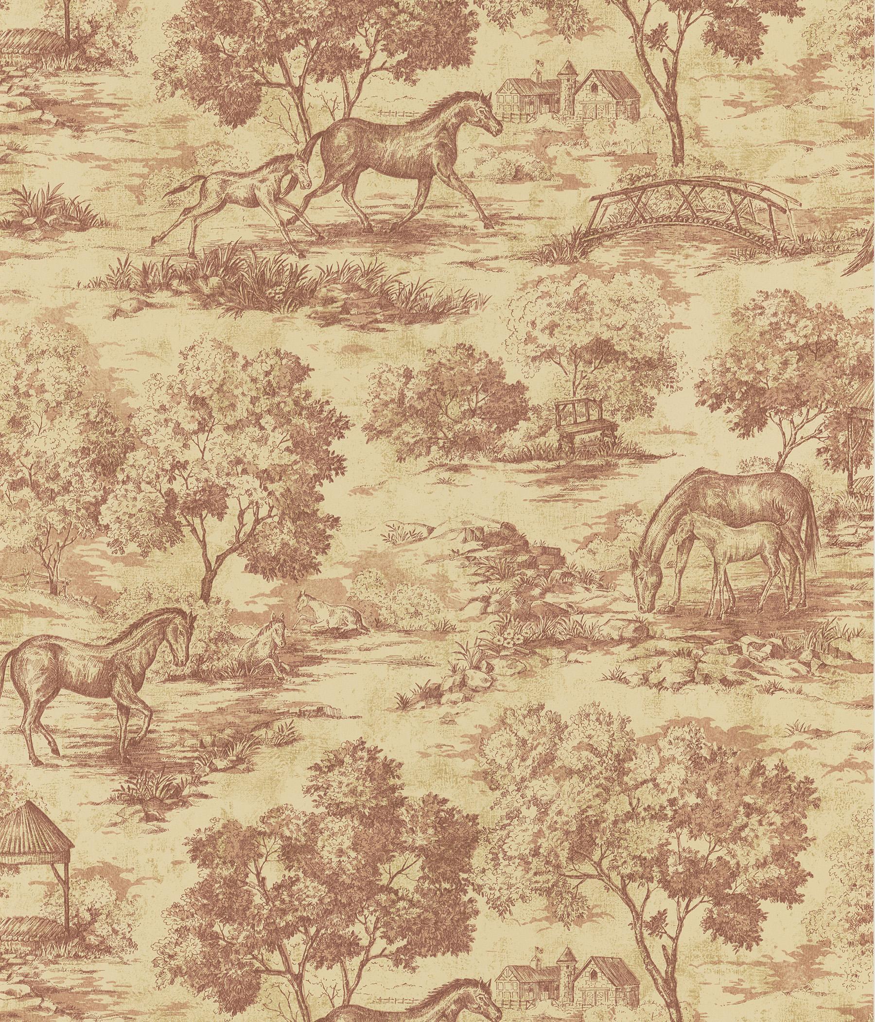 Brewster Wallpaper Appaloosa Burgundy Horse Toile